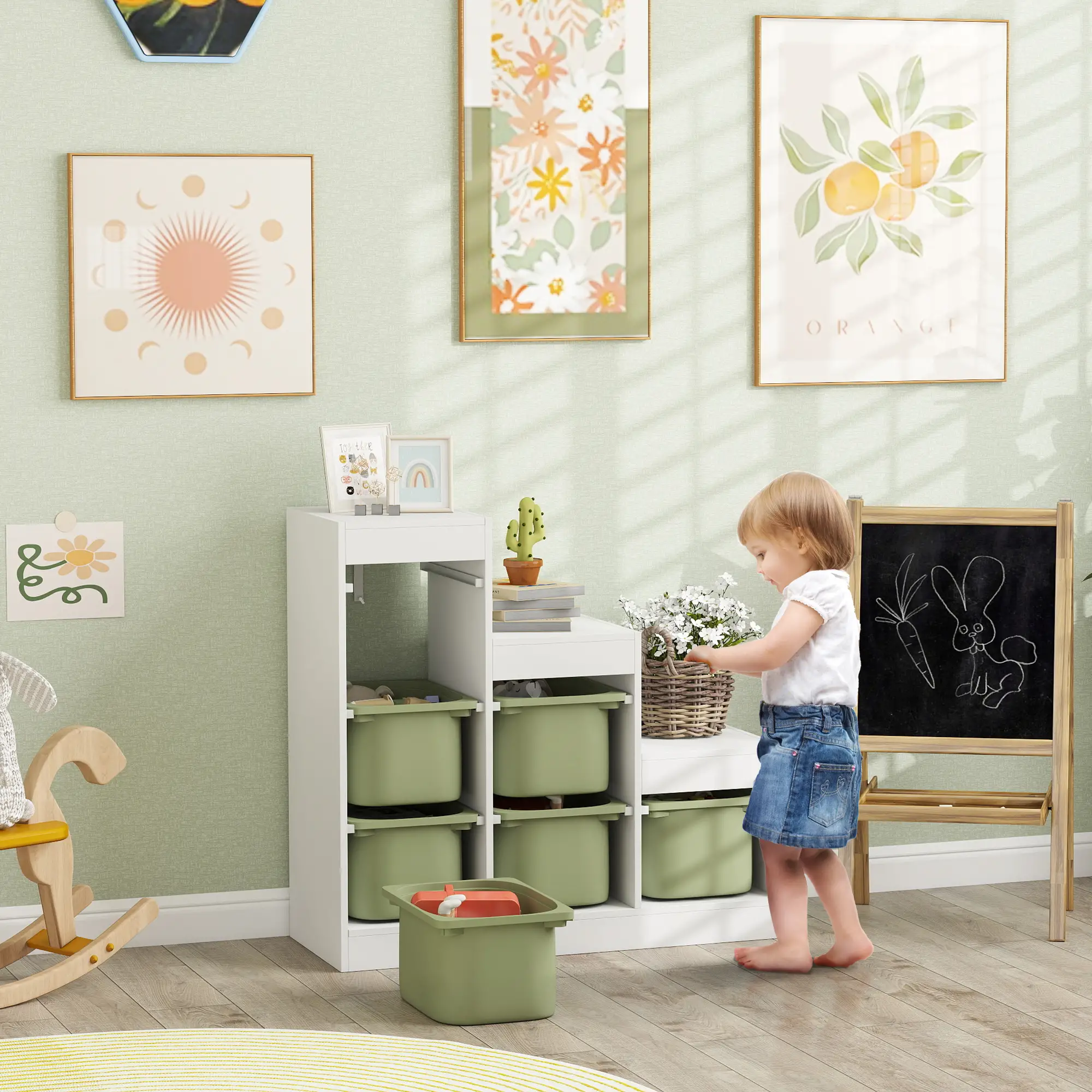 3 Layers Toy Storage Organizer, 6 Plastic Bins, Green - Image 2