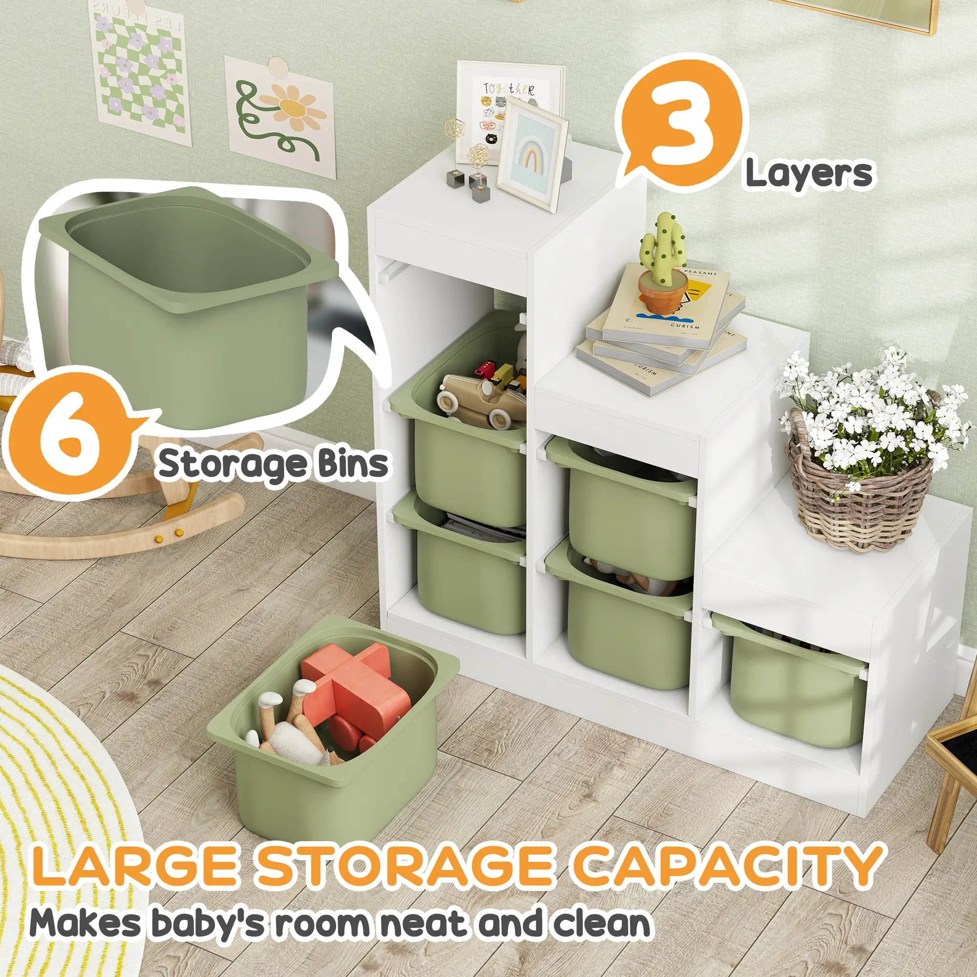 3 Layers Toy Storage Organizer, 6 Plastic Bins, Green - Image 4