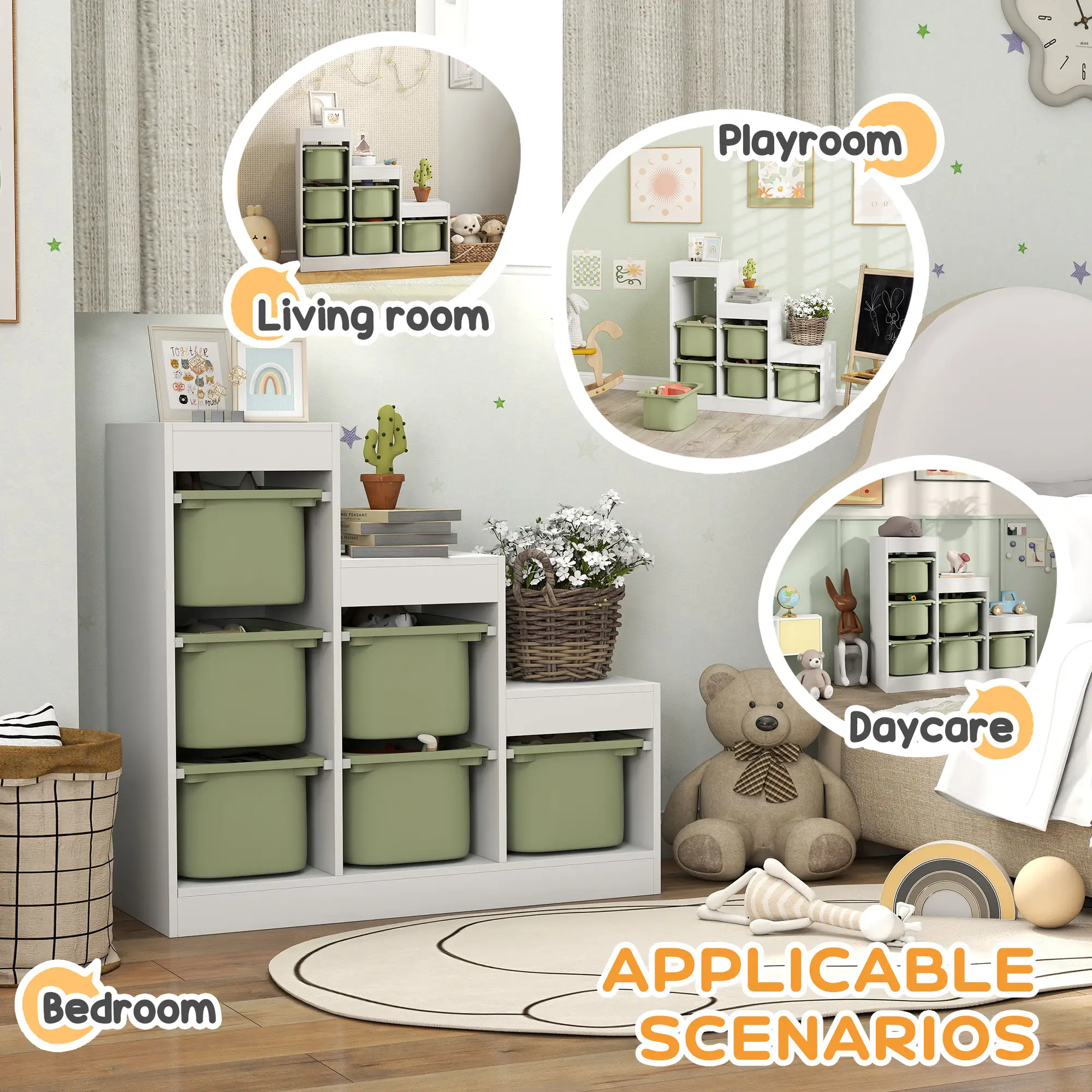 3 Layers Toy Storage Organizer, 6 Plastic Bins, Green - Image 5