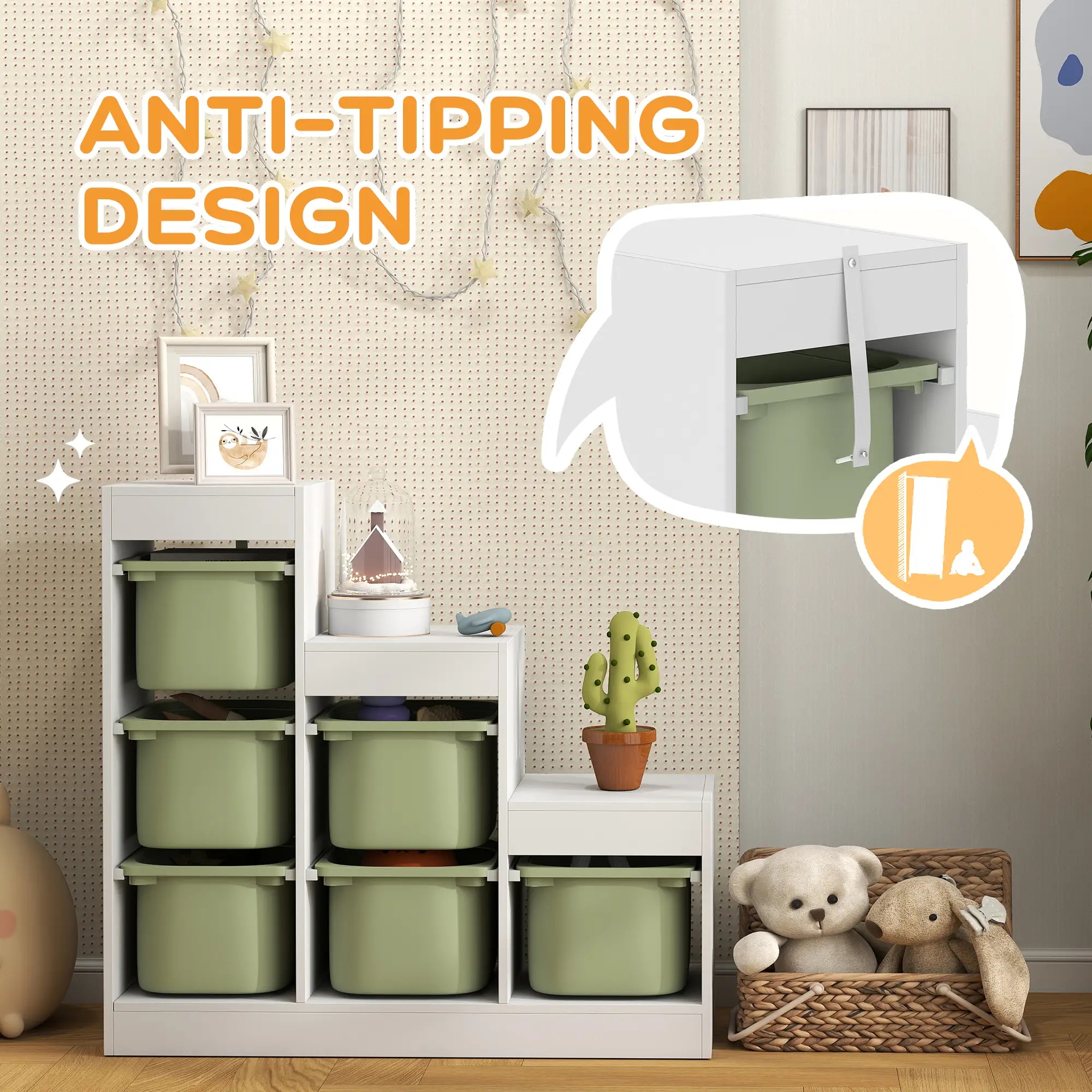 3 Layers Toy Storage Organizer, 6 Plastic Bins, Green - Image 6