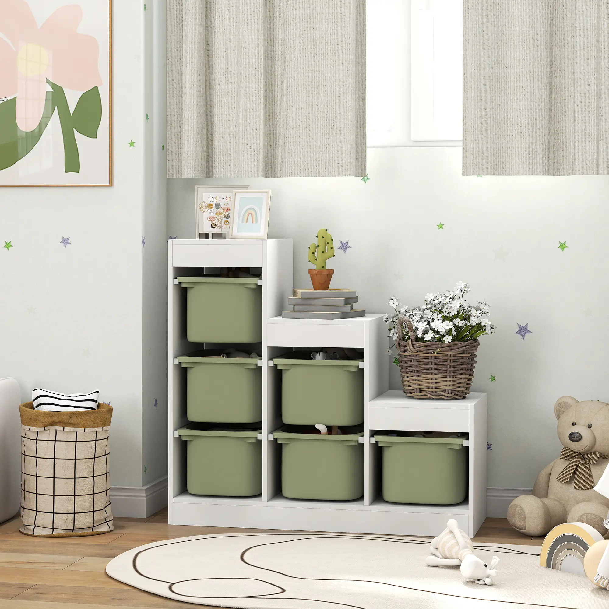3 Layers Toy Storage Organizer, 6 Plastic Bins, Green - Image 8