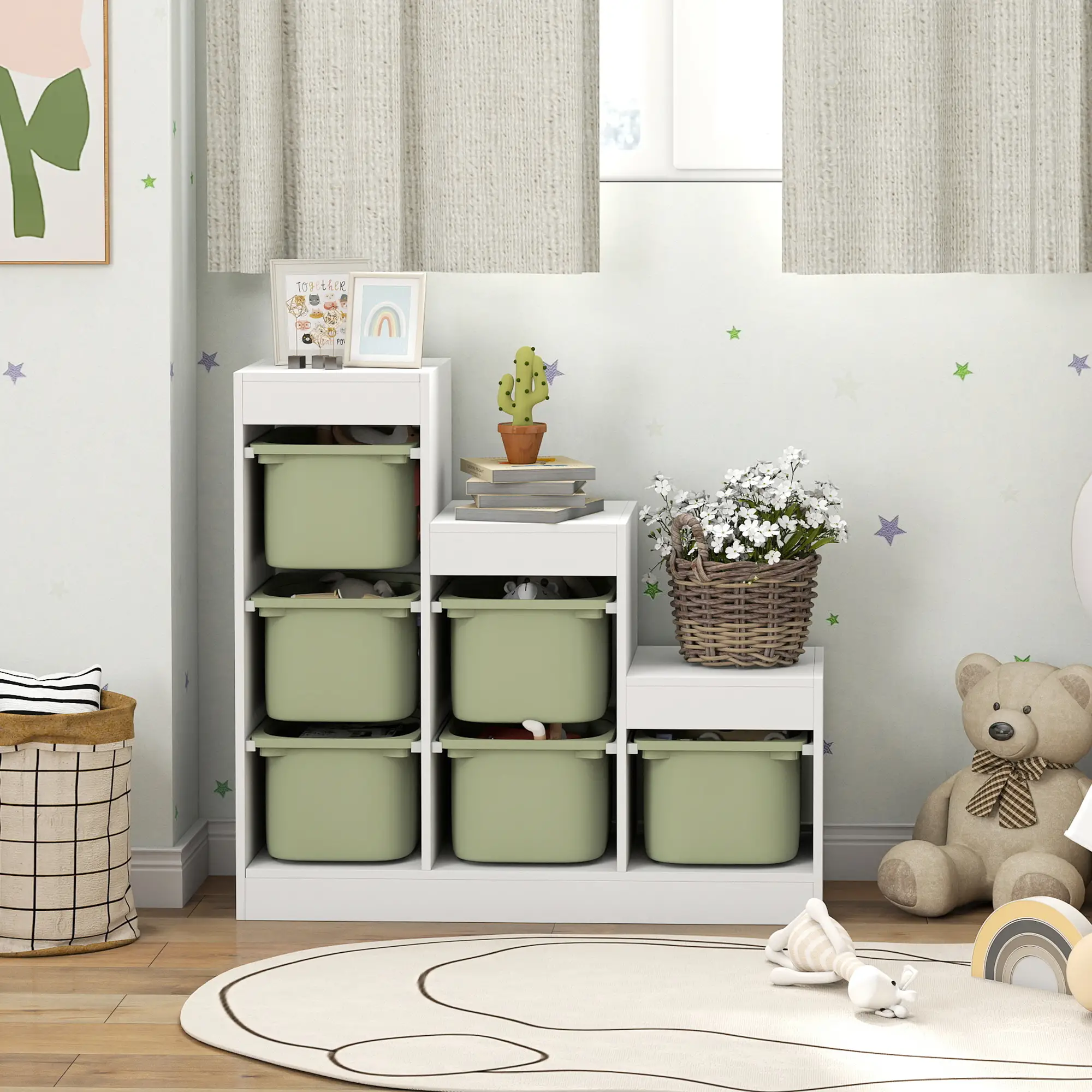 3 Layers Toy Storage Organizer, 6 Plastic Bins, Green - Image 9