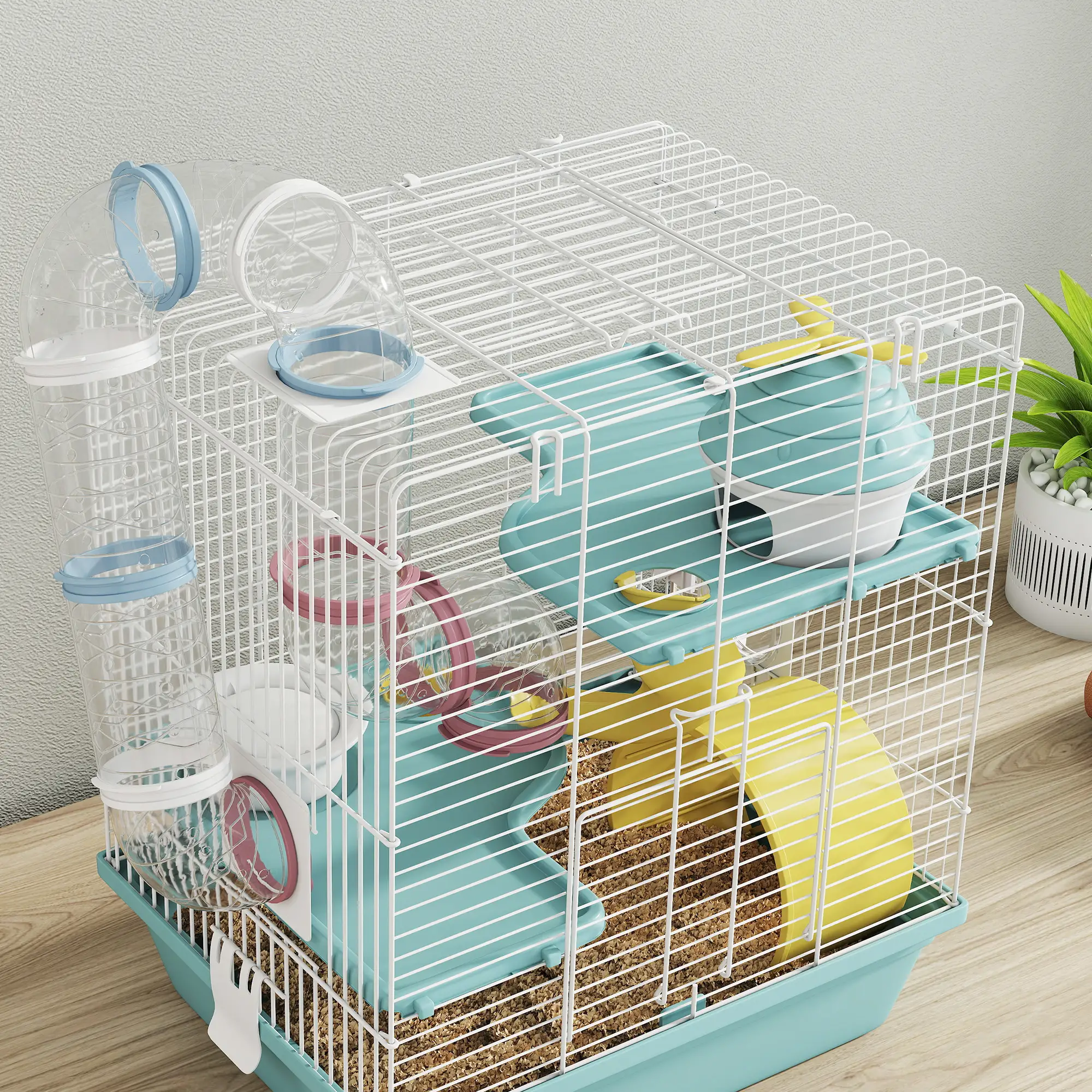 3-Level Hamster Cage With Exercise Wheel, Play Tube, Water Bottle, Blue - Image 10