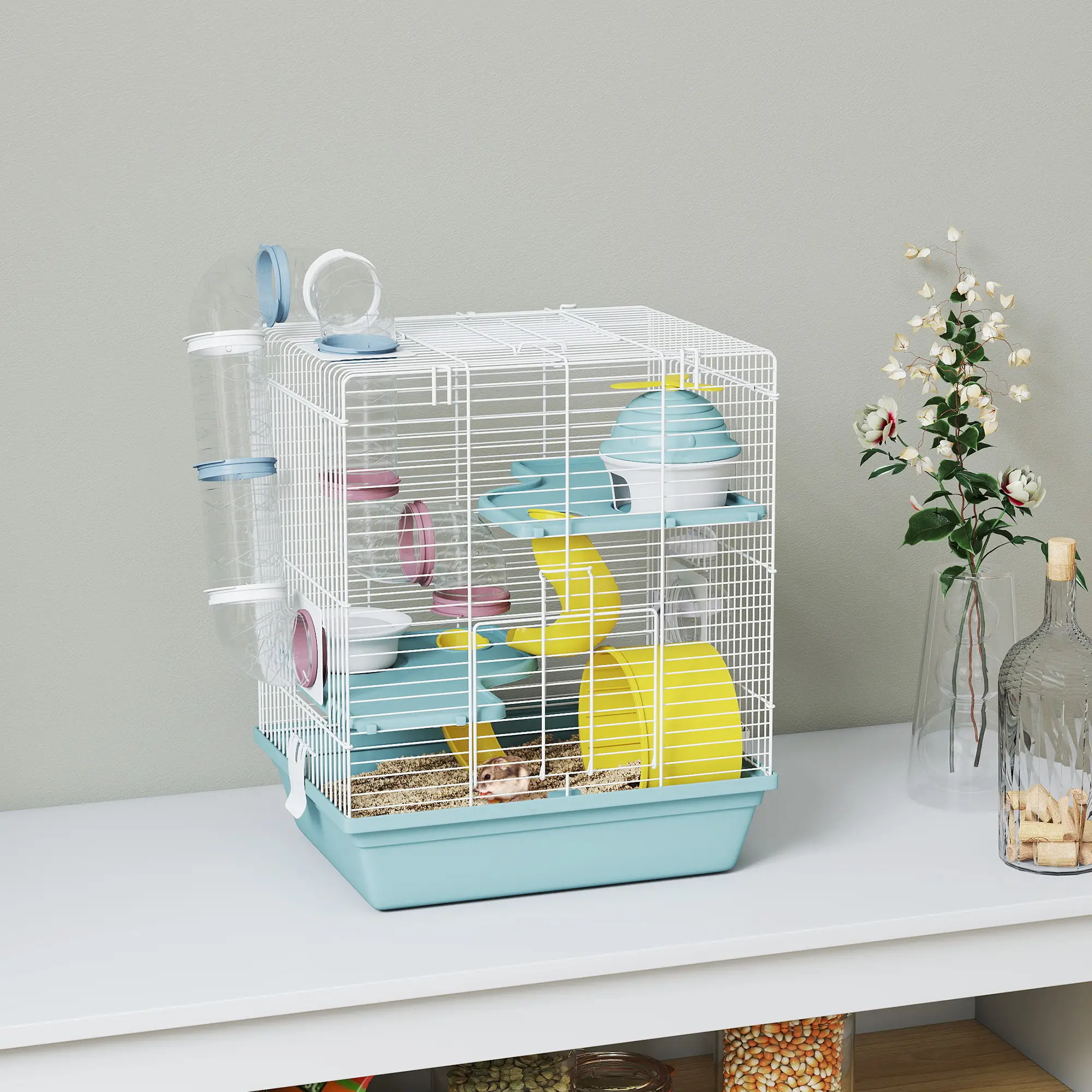 3-Level Hamster Cage With Exercise Wheel, Play Tube, Water Bottle, Blue - Image 2
