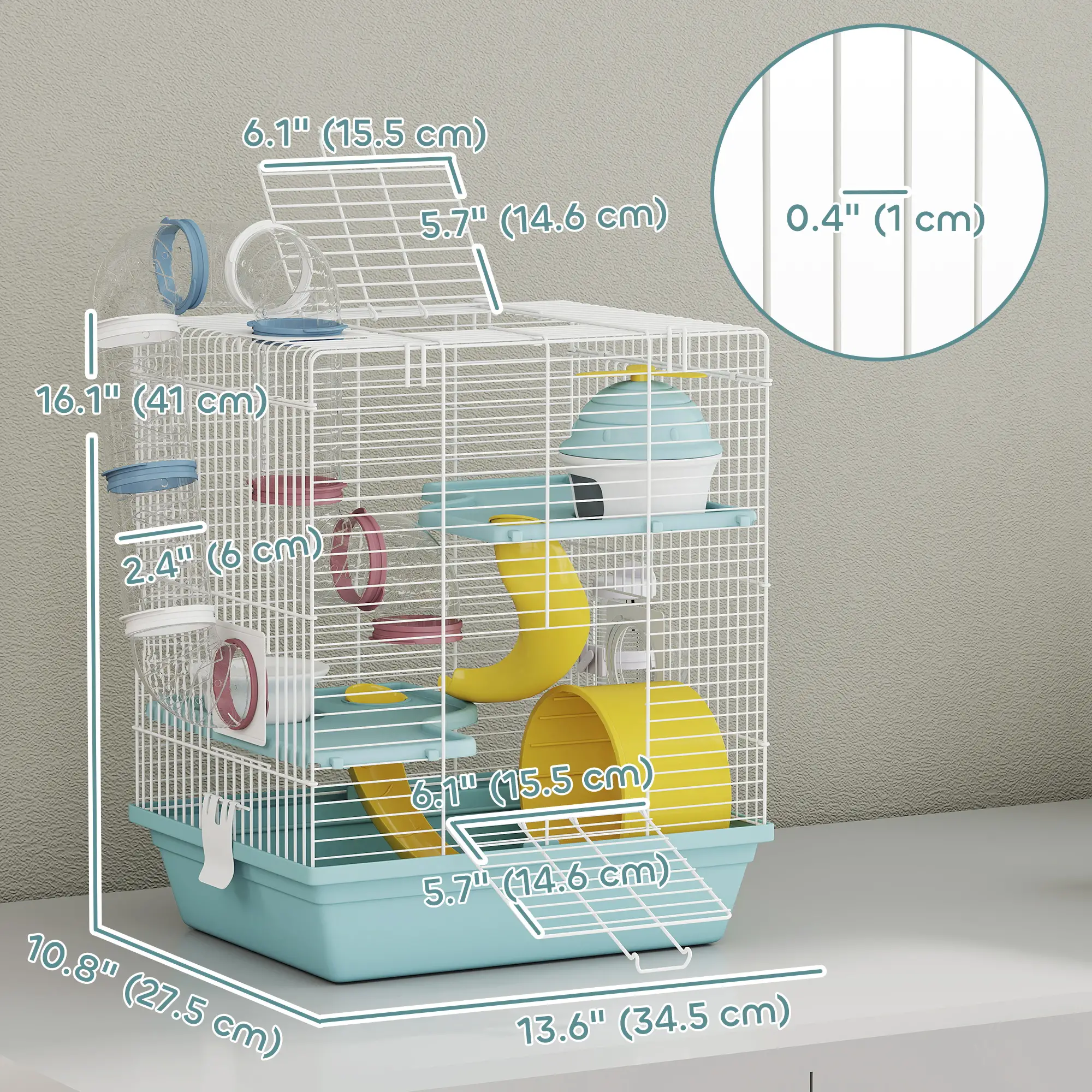 3-Level Hamster Cage With Exercise Wheel, Play Tube, Water Bottle, Blue - Image 3