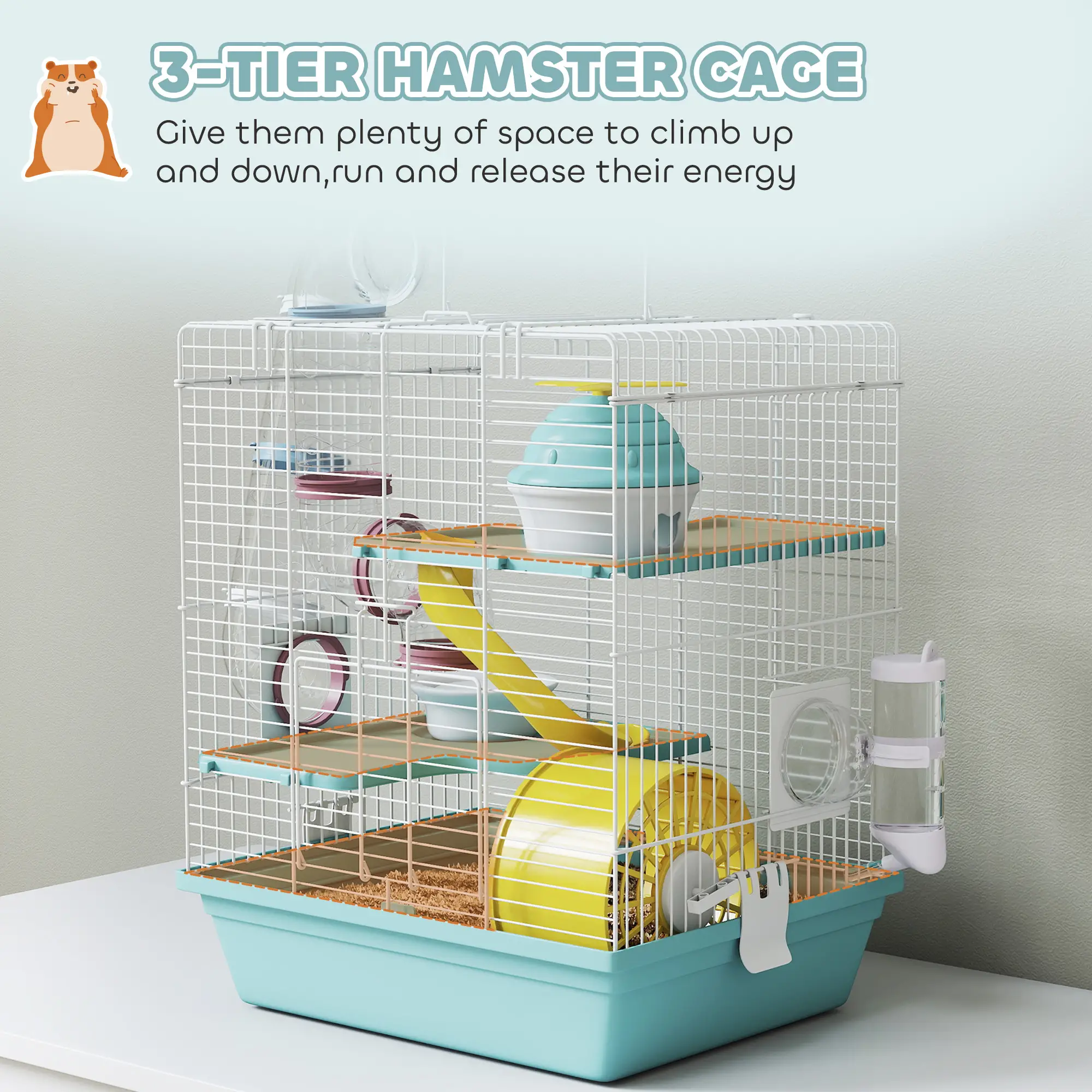 3-Level Hamster Cage With Exercise Wheel, Play Tube, Water Bottle, Blue - Image 4