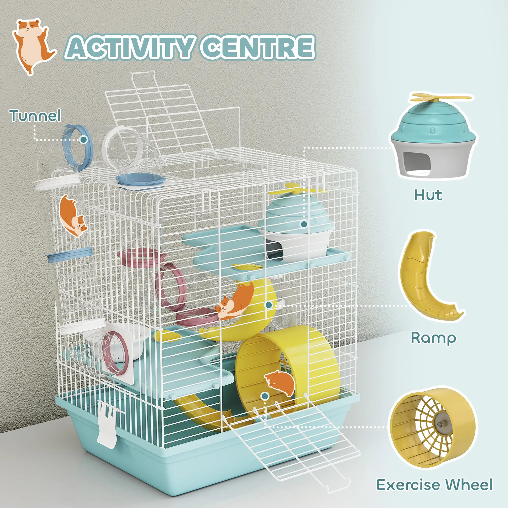 3-Level Hamster Cage With Exercise Wheel, Play Tube, Water Bottle, Blue - Image 5