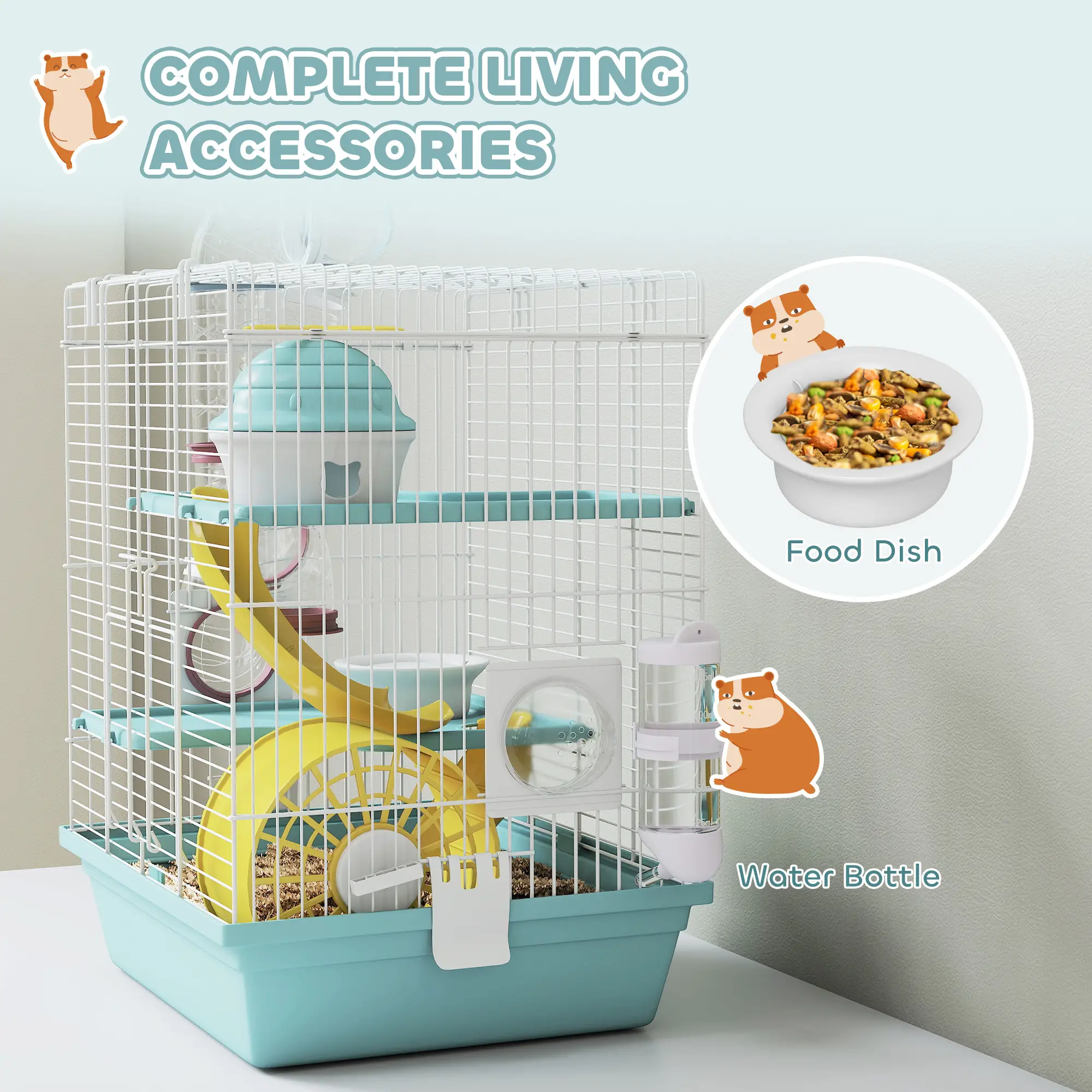 3-Level Hamster Cage With Exercise Wheel, Play Tube, Water Bottle, Blue - Image 6