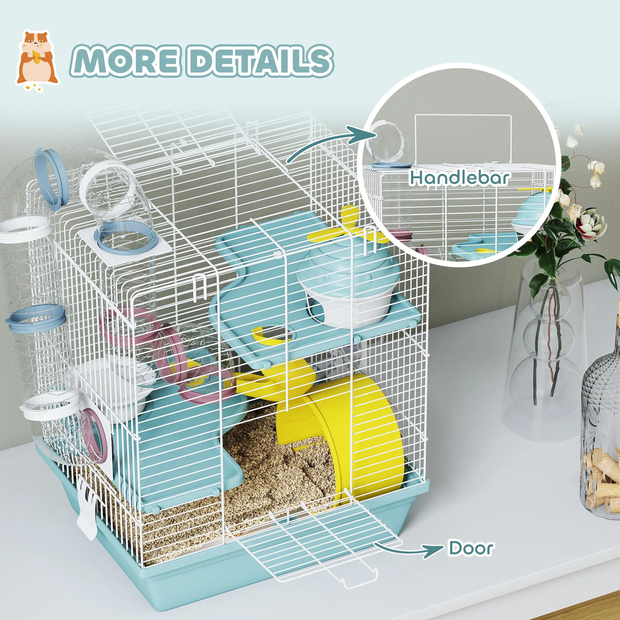 3-Level Hamster Cage With Exercise Wheel, Play Tube, Water Bottle, Blue - Image 7
