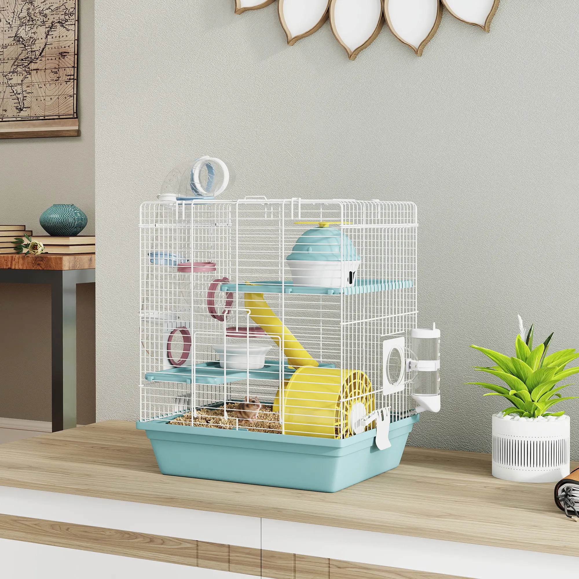 3-Level Hamster Cage With Exercise Wheel, Play Tube, Water Bottle, Blue - Image 8