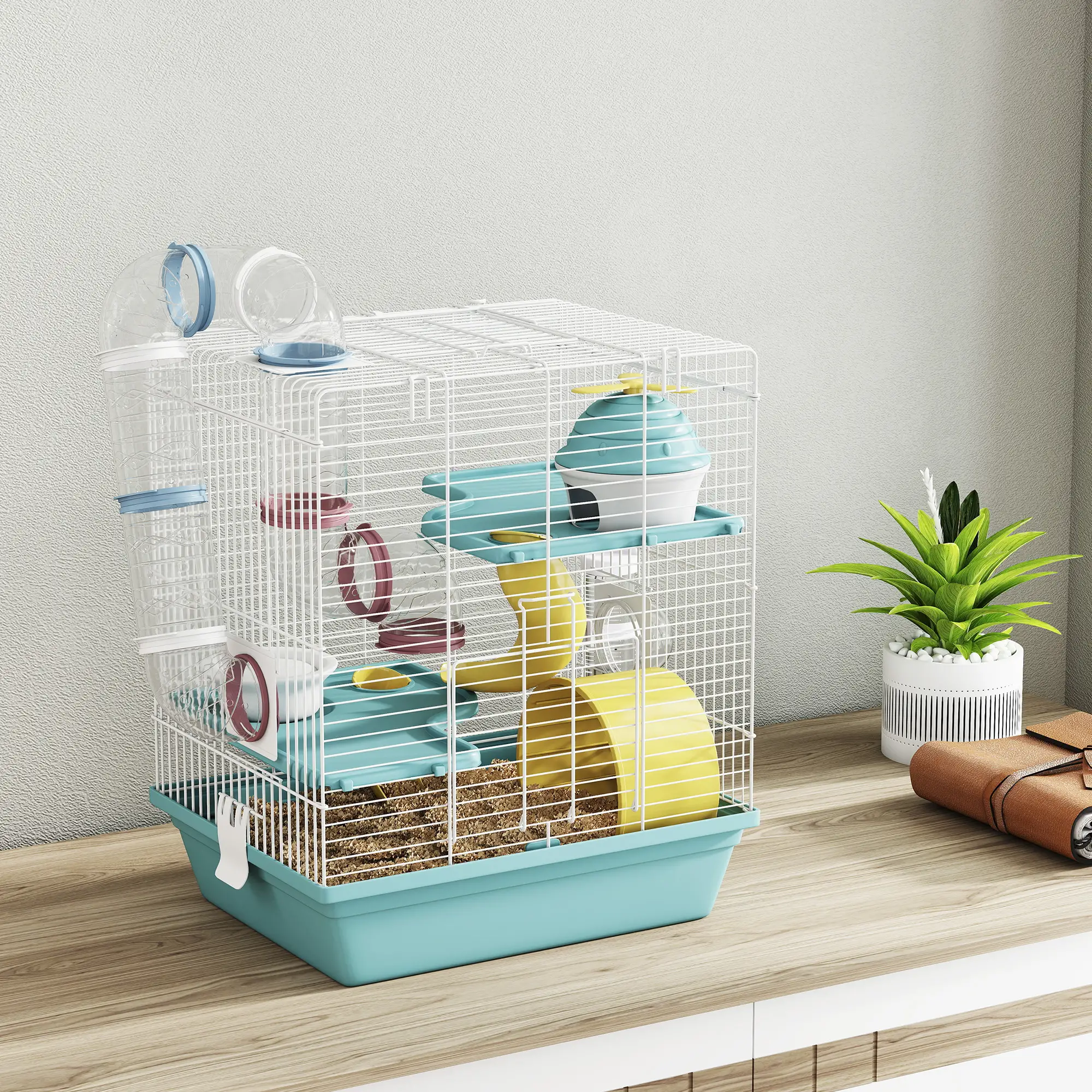 3-Level Hamster Cage With Exercise Wheel, Play Tube, Water Bottle, Blue - Image 9