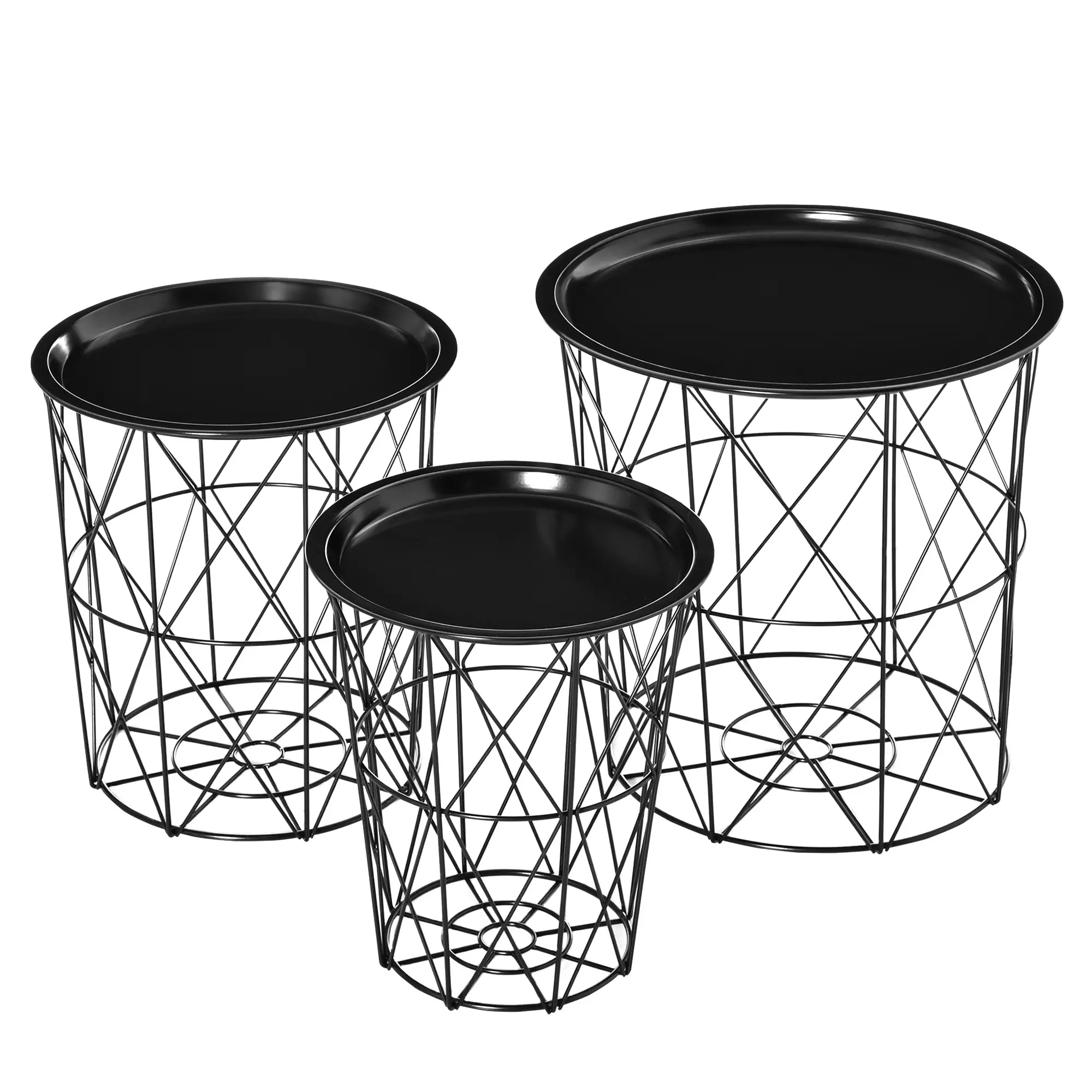 3 Nesting Coffee Tables With Storage, Round End Table, Basket Side Tables, Black