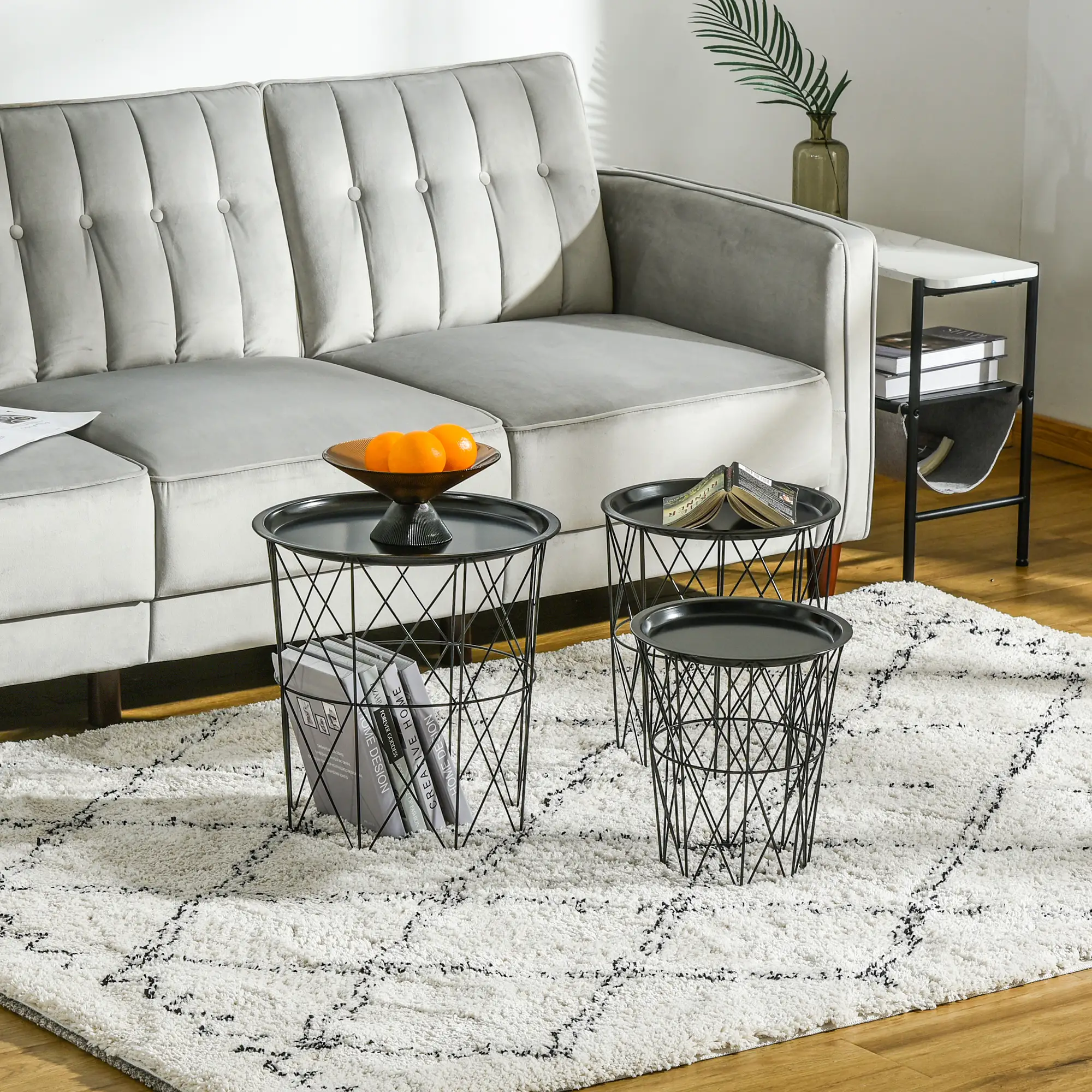 3 Nesting Coffee Tables With Storage, Round End Table, Basket Side Tables, Black - Image 2