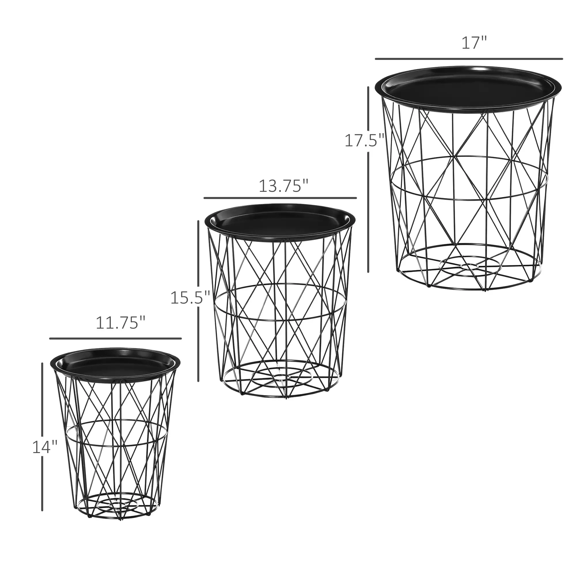 3 Nesting Coffee Tables With Storage, Round End Table, Basket Side Tables, Black - Image 3