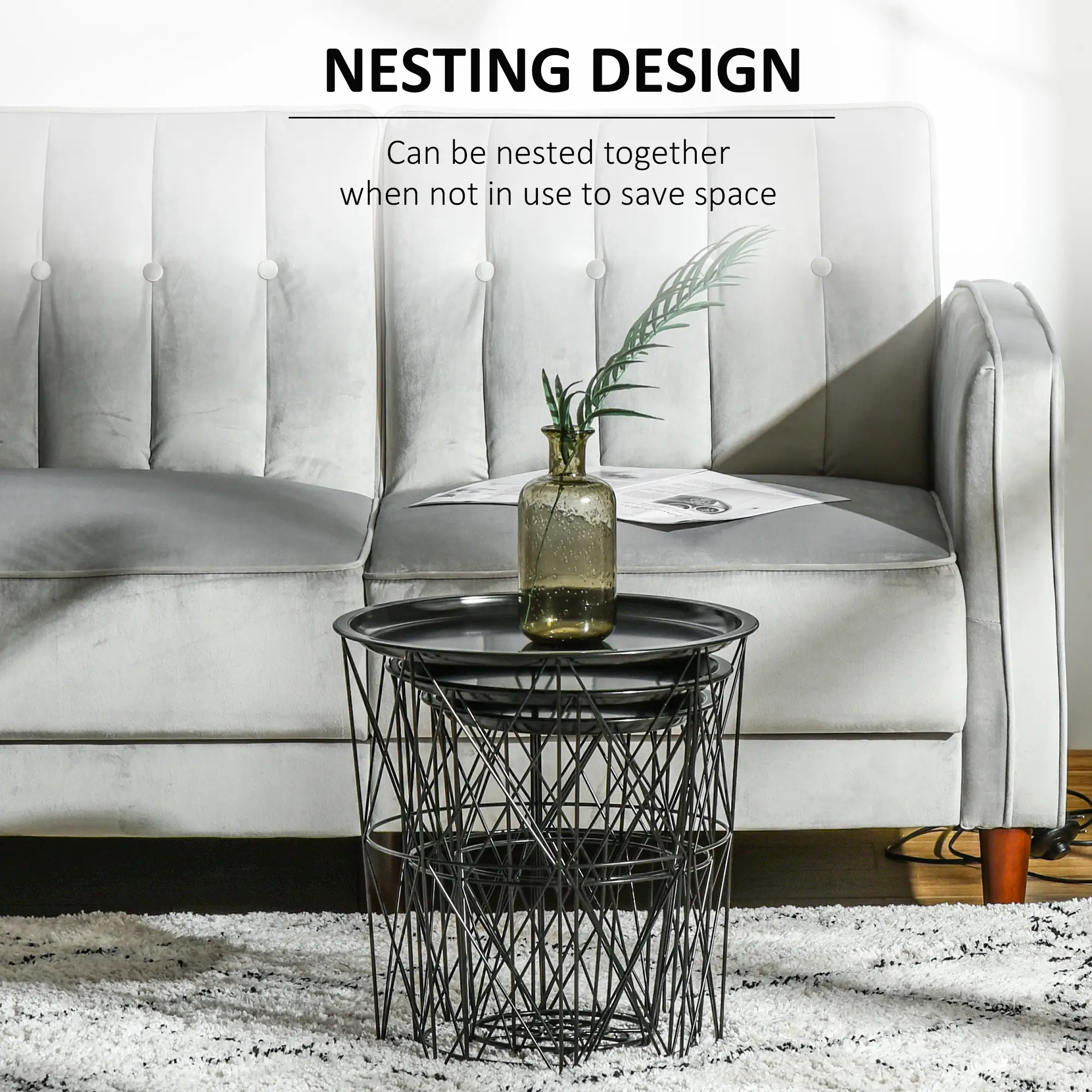 3 Nesting Coffee Tables With Storage, Round End Table, Basket Side Tables, Black - Image 4