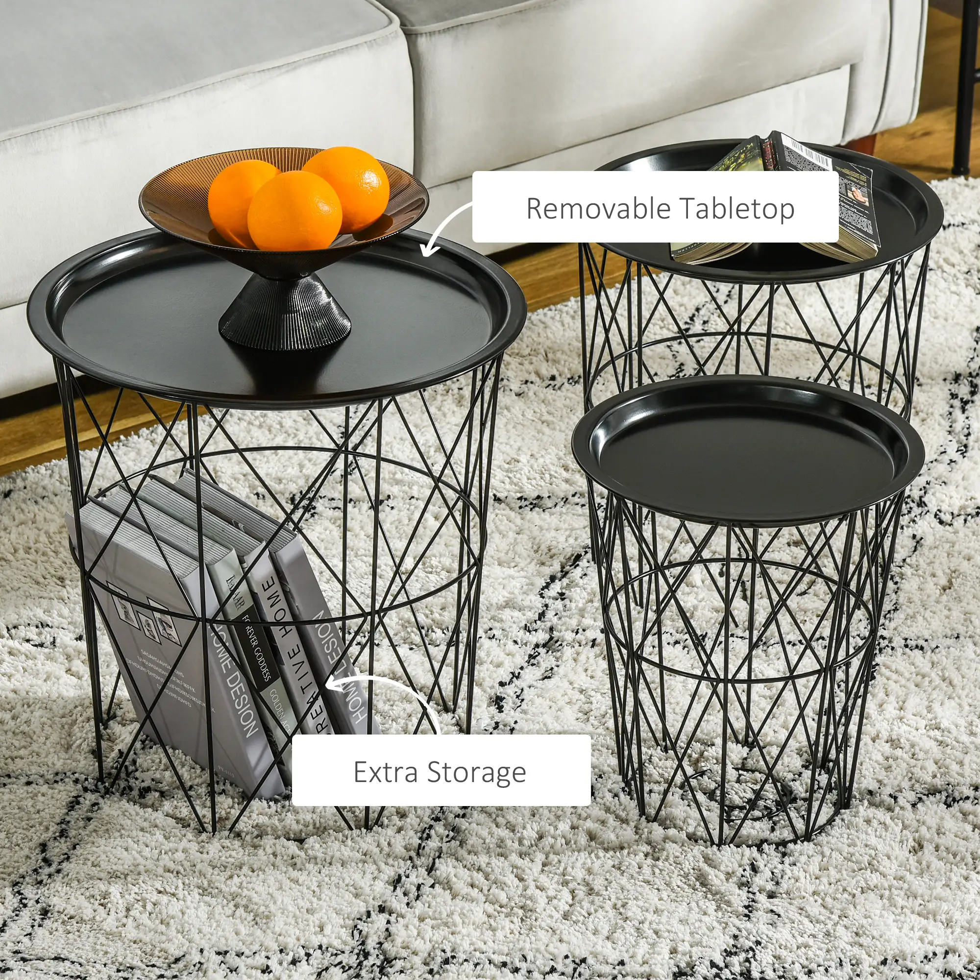 3 Nesting Coffee Tables With Storage, Round End Table, Basket Side Tables, Black - Image 5