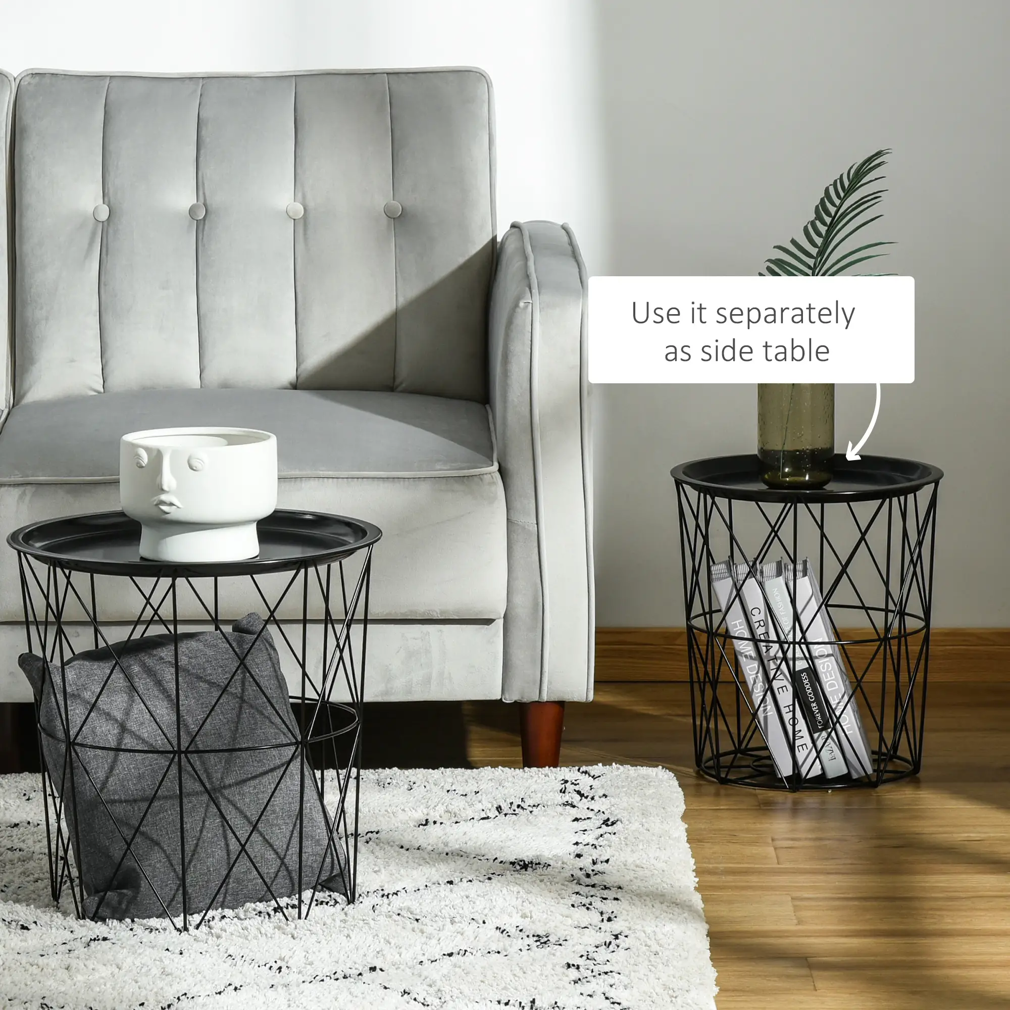 3 Nesting Coffee Tables With Storage, Round End Table, Basket Side Tables, Black - Image 6