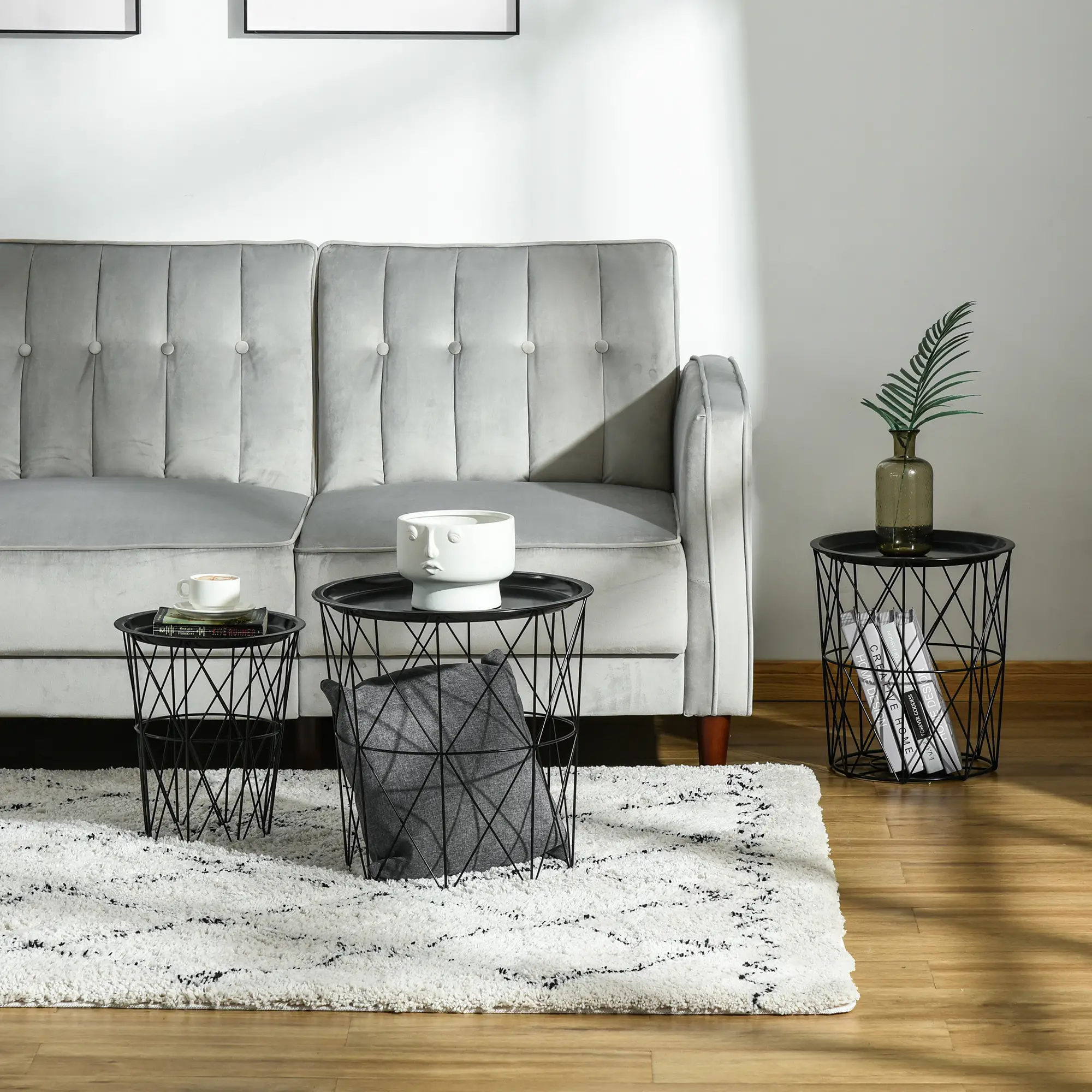 3 Nesting Coffee Tables With Storage, Round End Table, Basket Side Tables, Black - Image 7