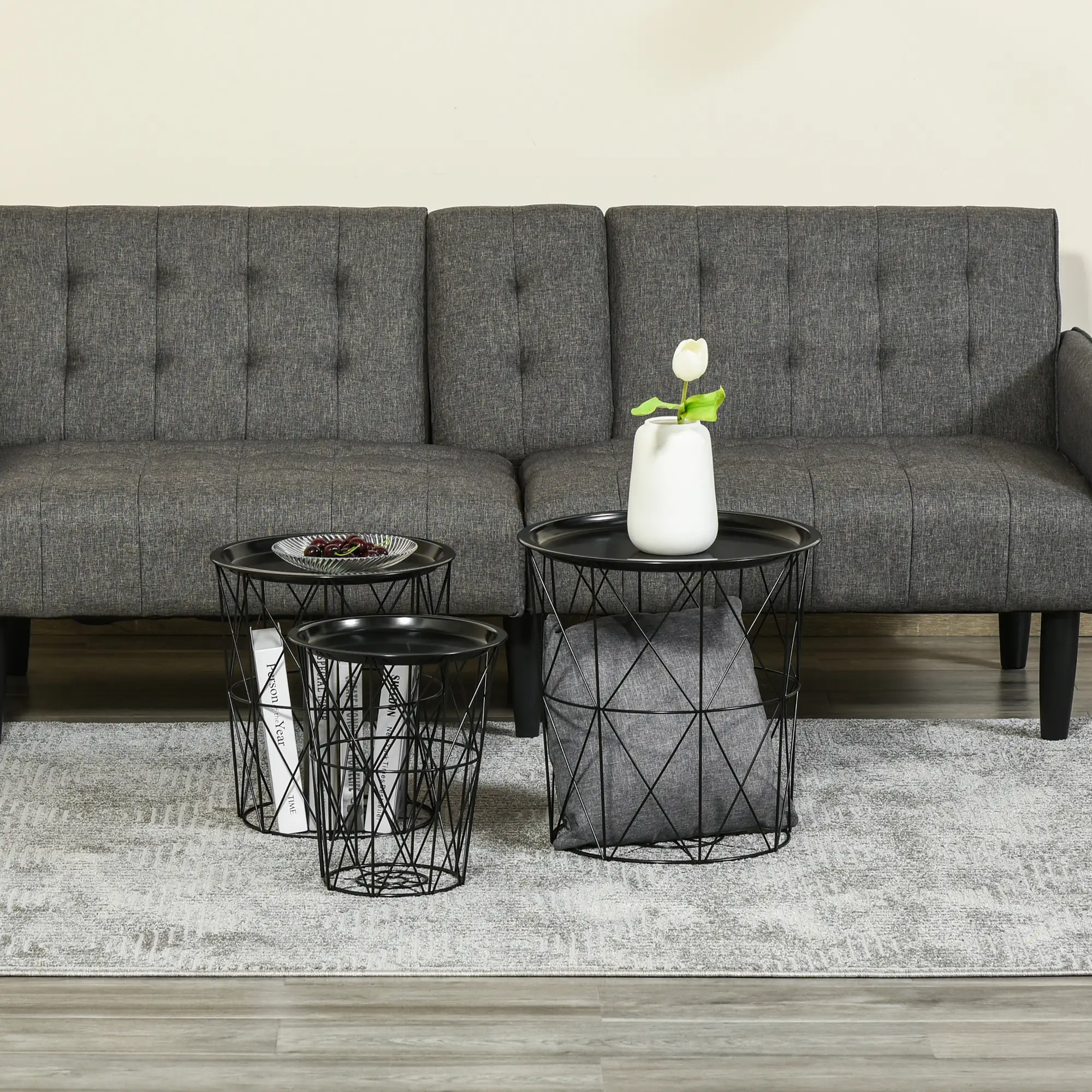 3 Nesting Coffee Tables With Storage, Round End Table, Basket Side Tables, Black - Image 8