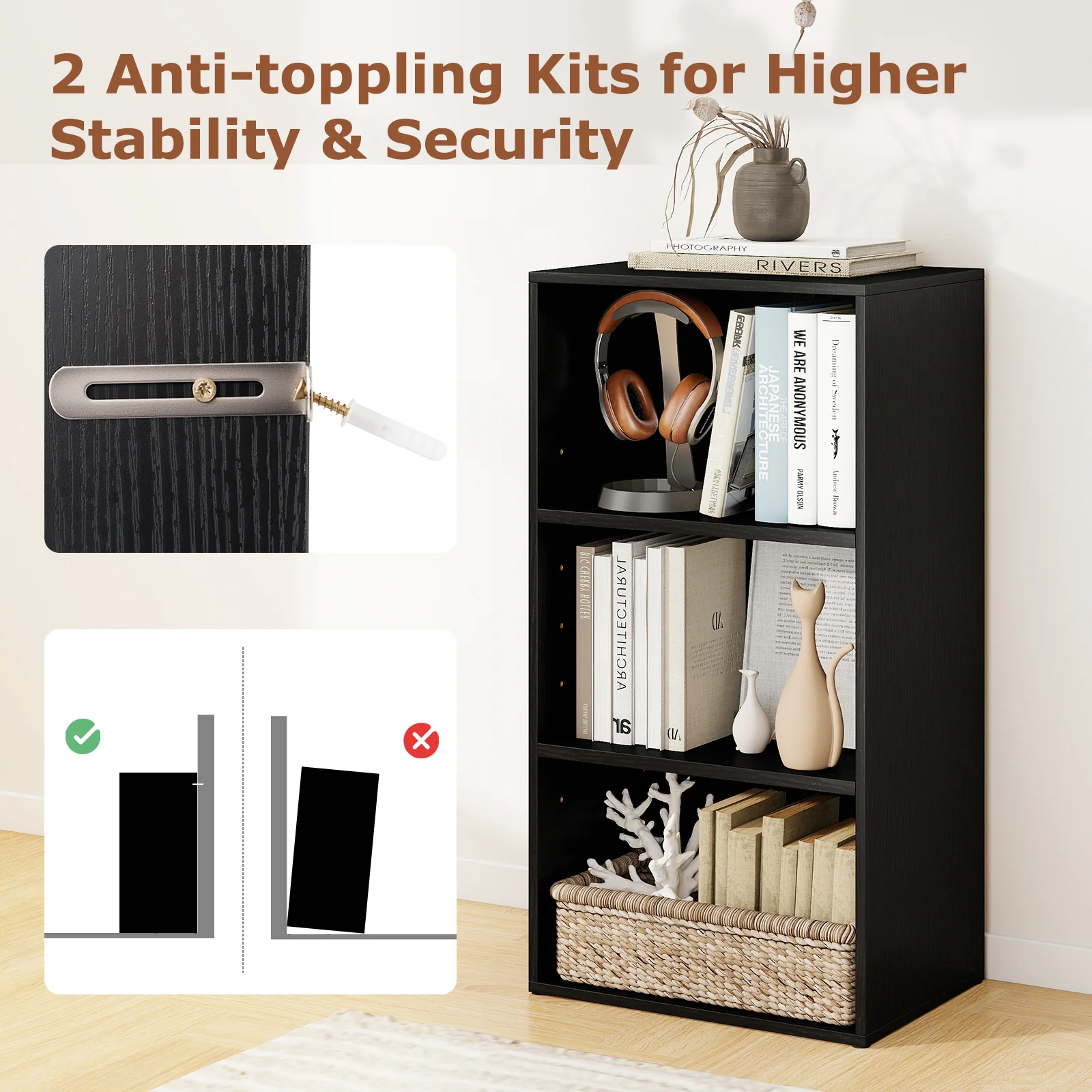 3 Open Shelf Bookcase, Modern Storage Display Cabinet, Black - Image 10
