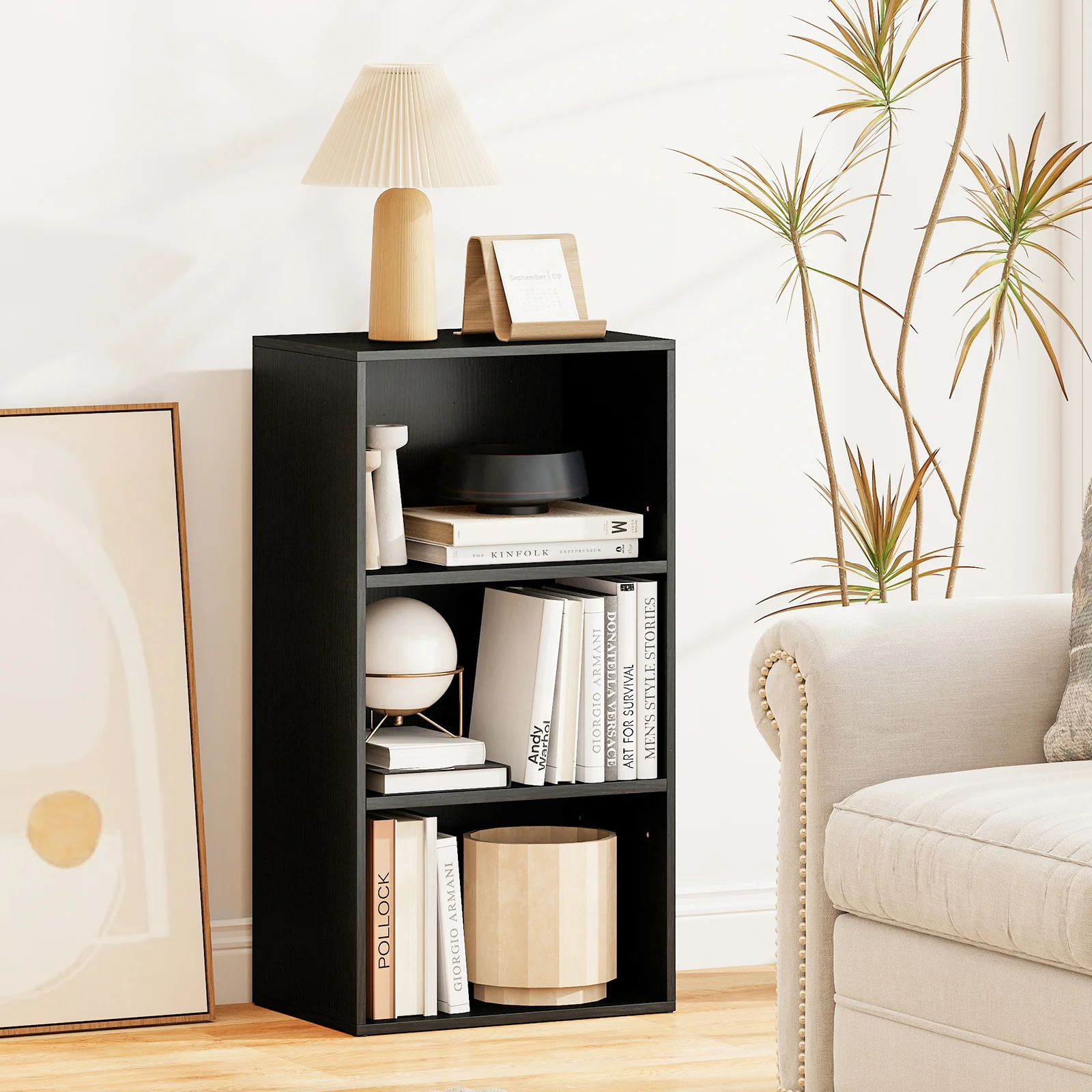 3 Open Shelf Bookcase, Modern Storage Display Cabinet, Black - Image 7