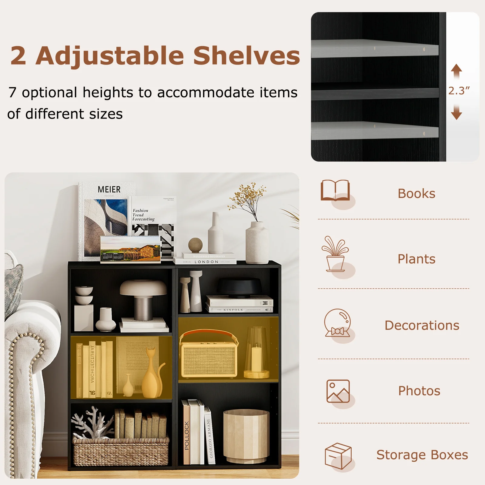 3 Open Shelf Bookcase, Modern Storage Display Cabinet, Black - Image 9