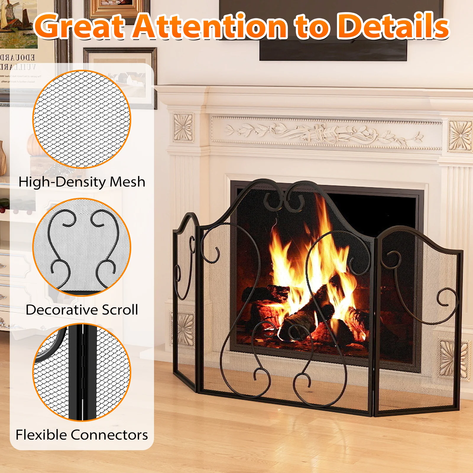 3 Panel Fireplace Screen Foldable Spark Guard Cover with Decorative Scroll - Image 10