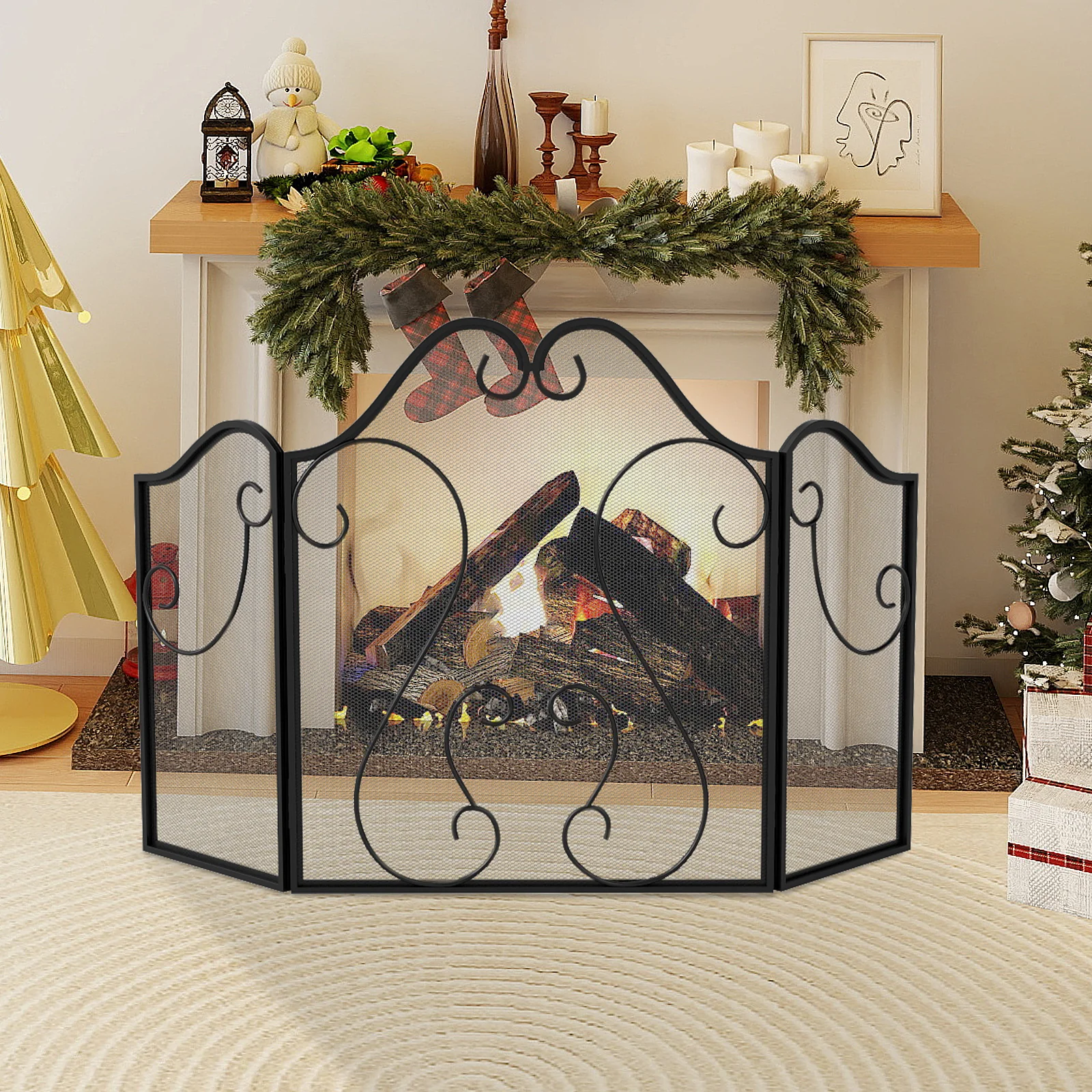 3 Panel Fireplace Screen Foldable Spark Guard Cover with Decorative Scroll - Image 2