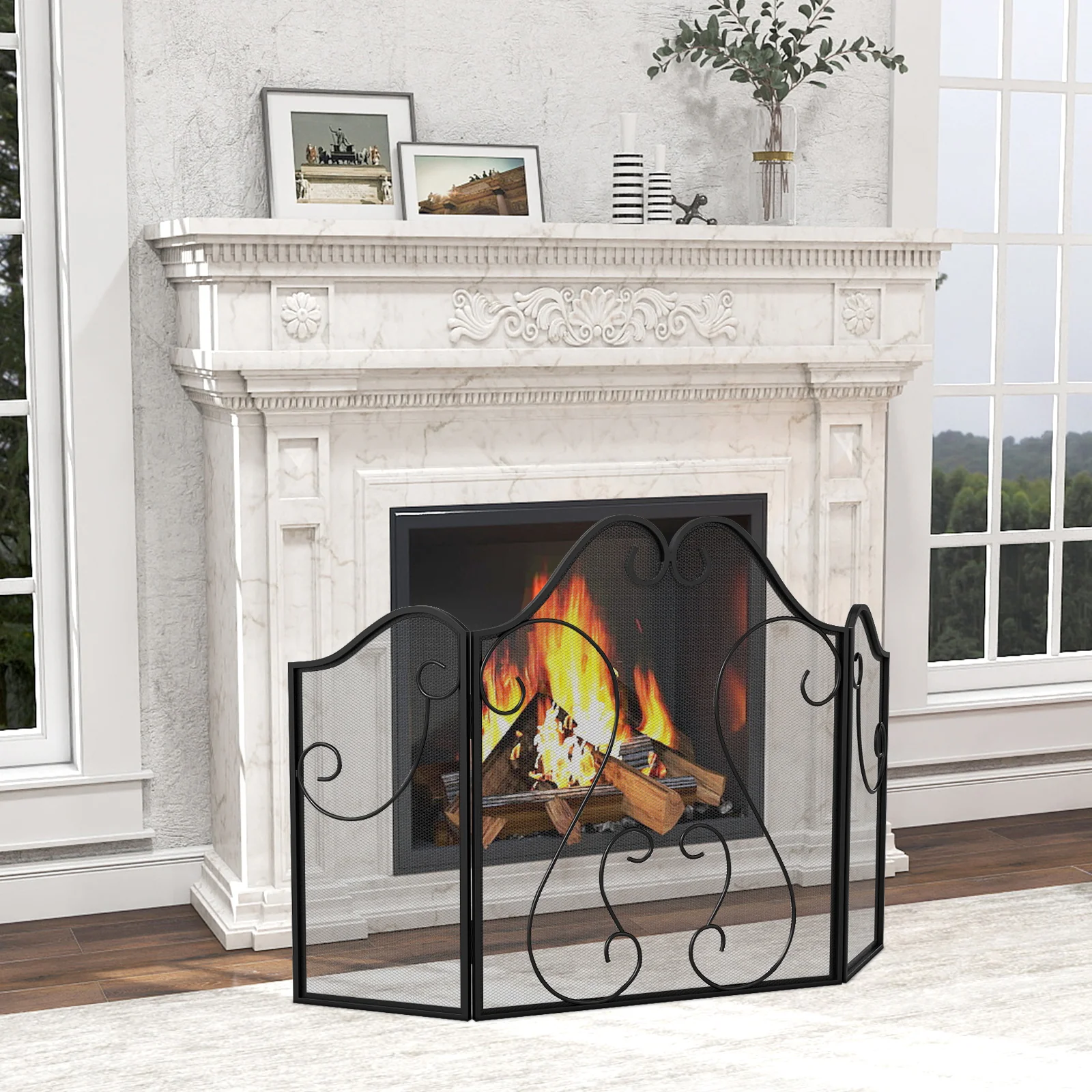 3 Panel Fireplace Screen Foldable Spark Guard Cover with Decorative Scroll - Image 3