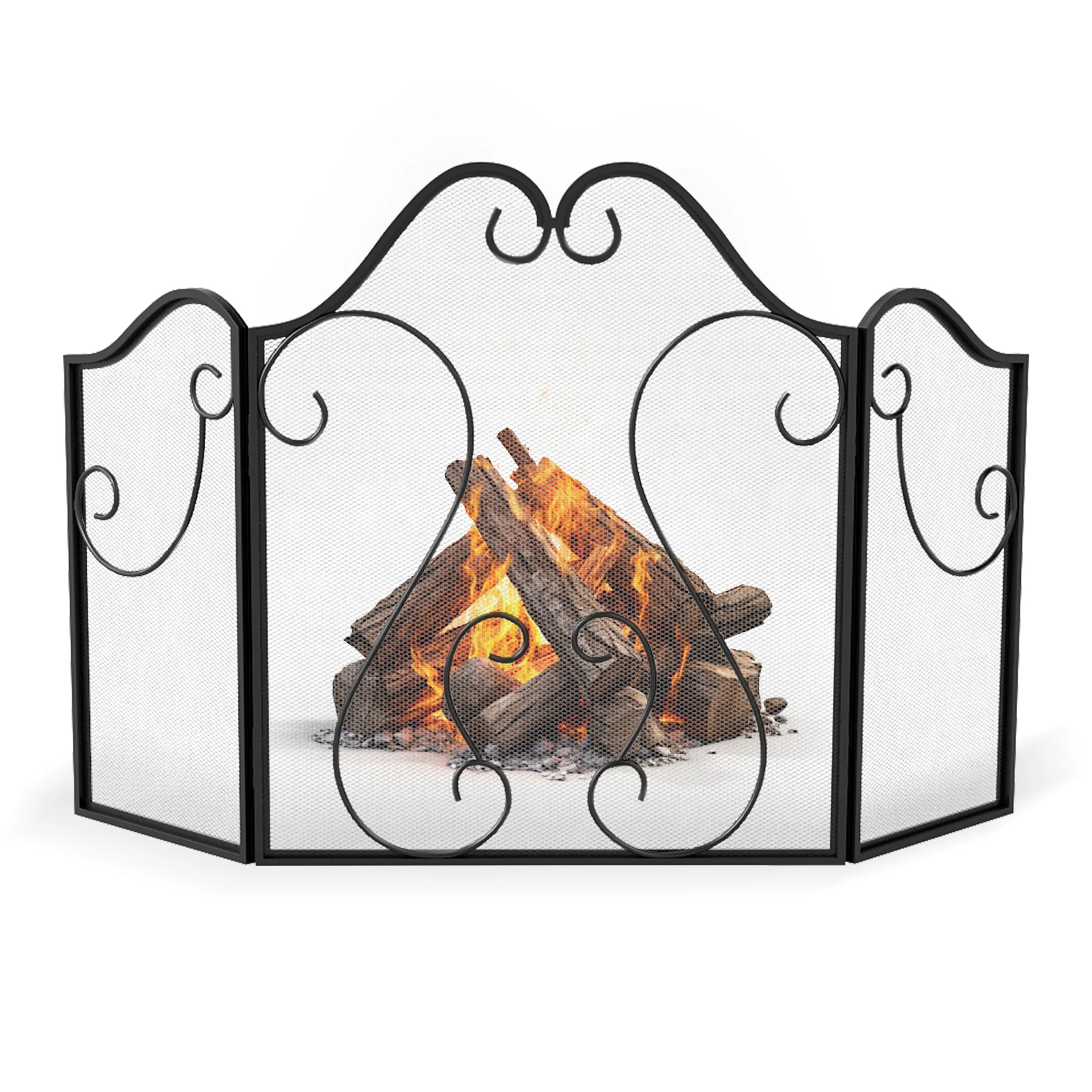 3 Panel Fireplace Screen Foldable Spark Guard Cover with Decorative Scroll - Image 5