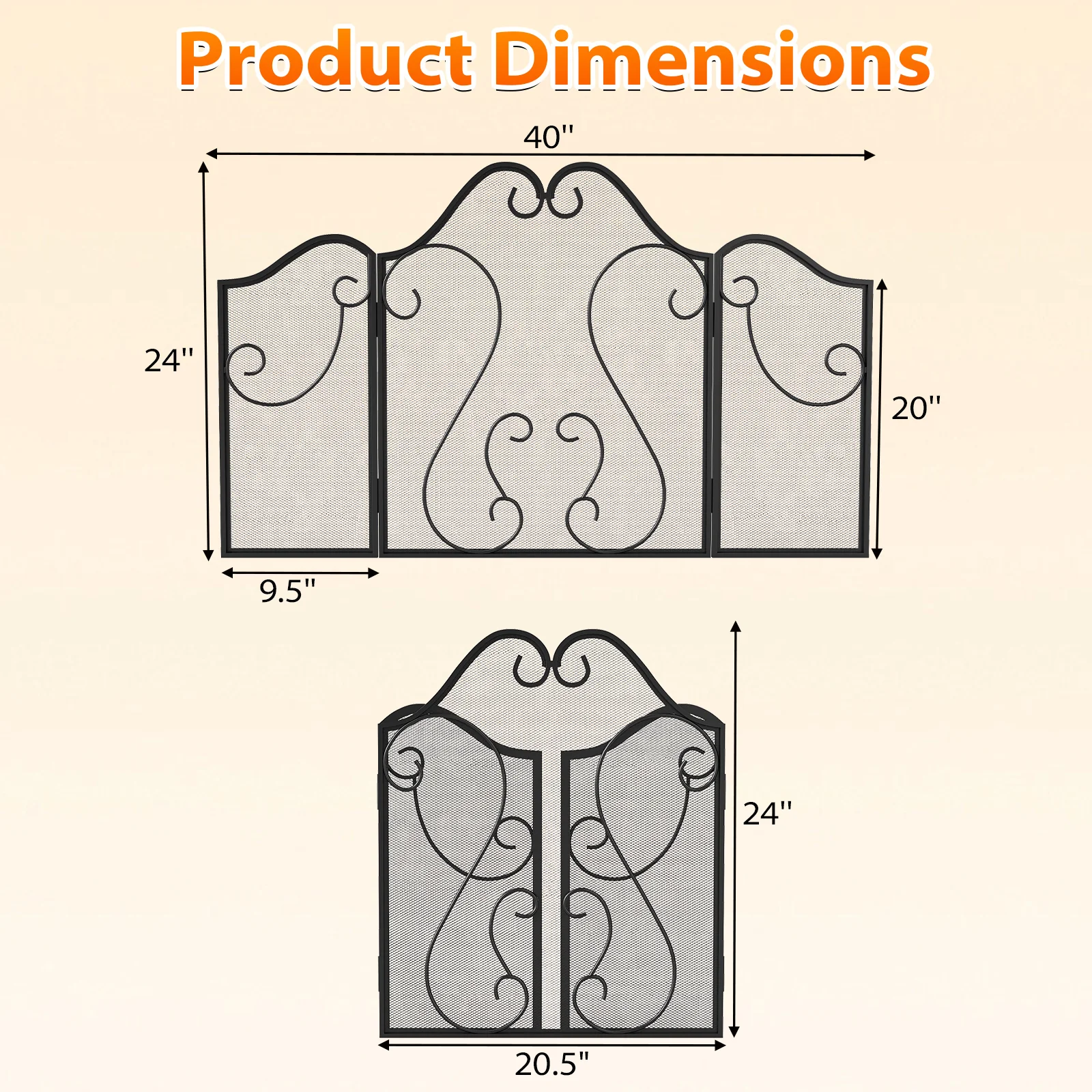 3 Panel Fireplace Screen Foldable Spark Guard Cover with Decorative Scroll - Image 6