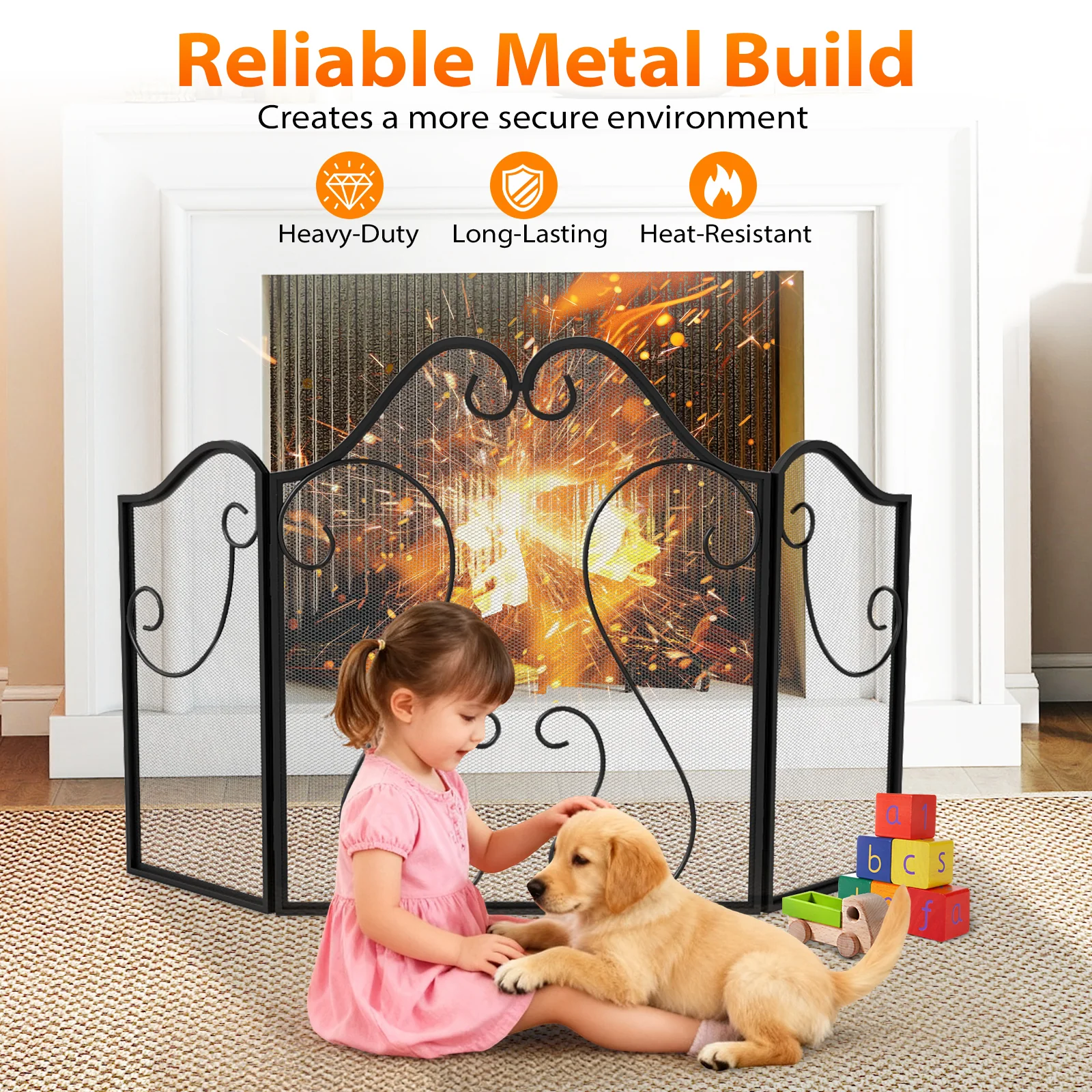 3 Panel Fireplace Screen Foldable Spark Guard Cover with Decorative Scroll - Image 7