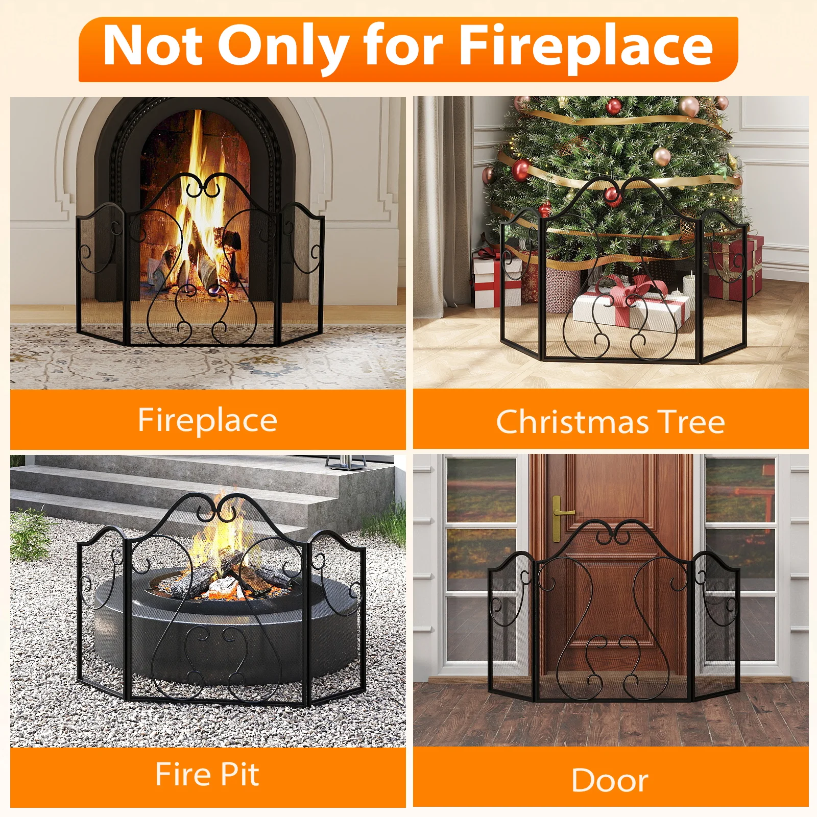 3 Panel Fireplace Screen Foldable Spark Guard Cover with Decorative Scroll - Image 8