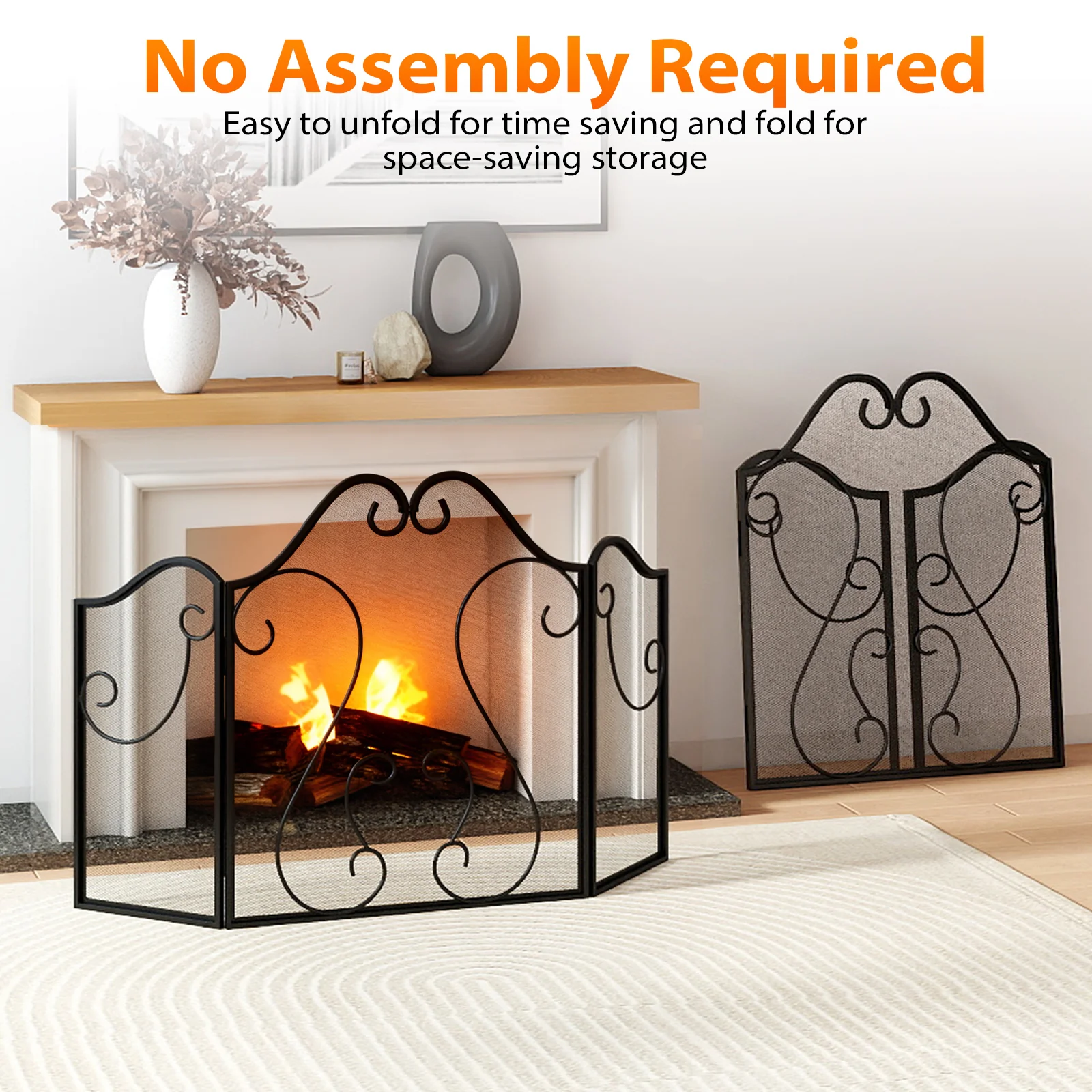 3 Panel Fireplace Screen Foldable Spark Guard Cover with Decorative Scroll - Image 9