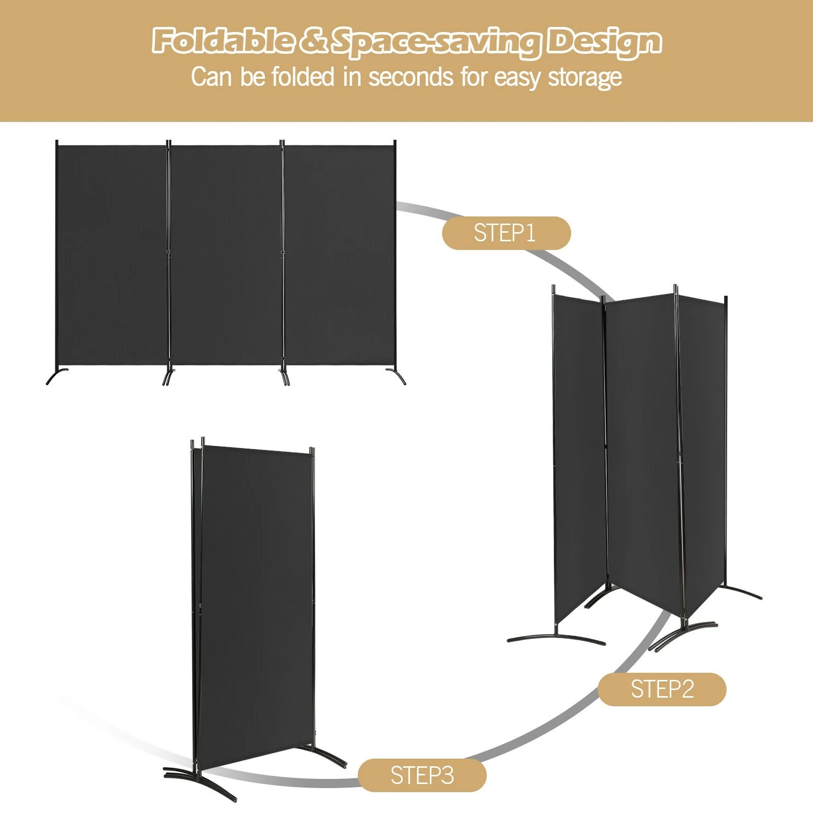 3-Panel Folding Privacy Screen, Office Room Divider, Black - Image 10