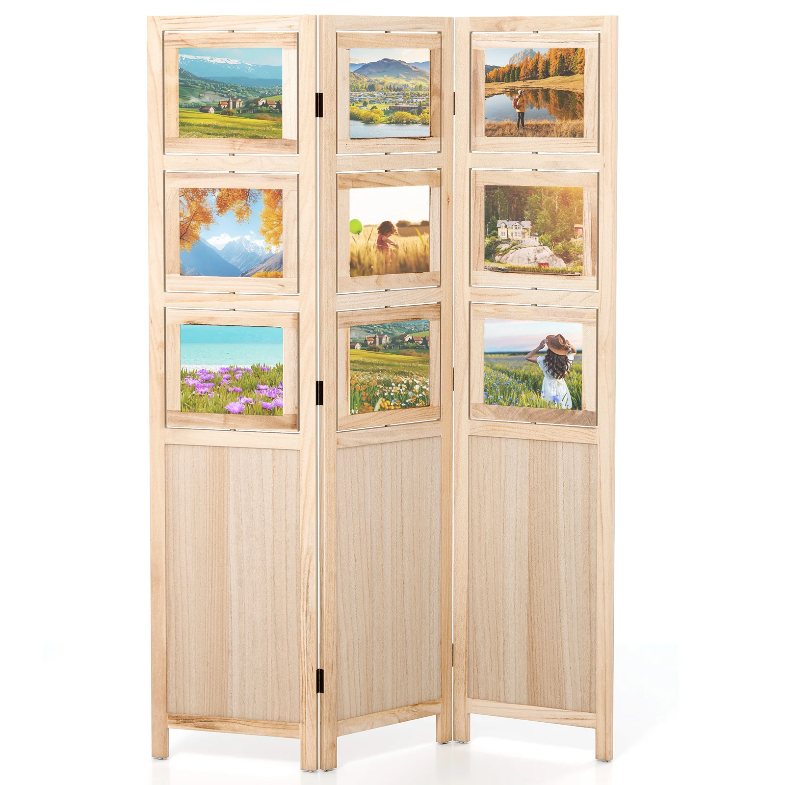 3 Panel Folding Privacy Screen with 9 Swivel Paulownia Wood Photo Frames, Natural