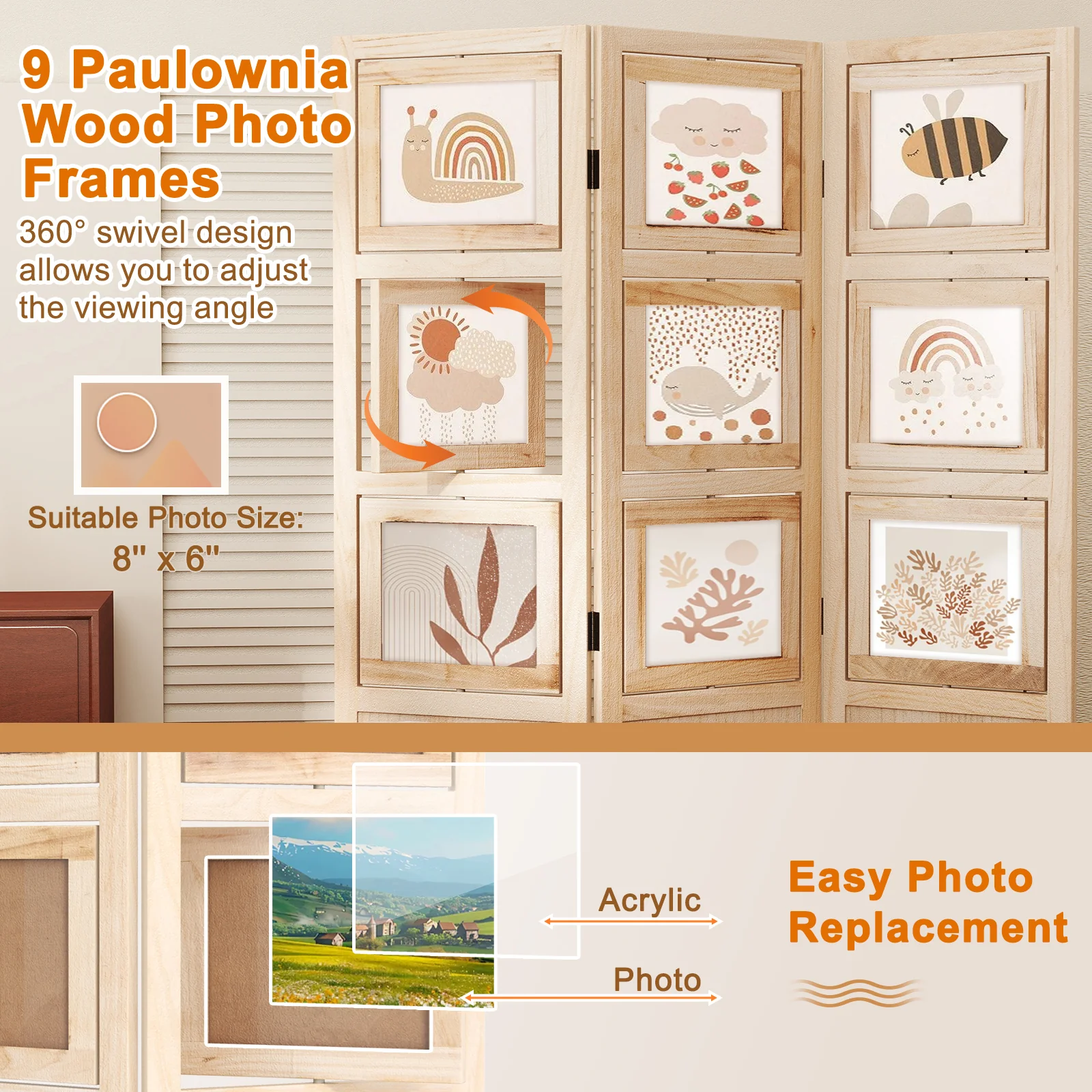 3 Panel Folding Privacy Screen with 9 Swivel Paulownia Wood Photo Frames, Natural - Image 10