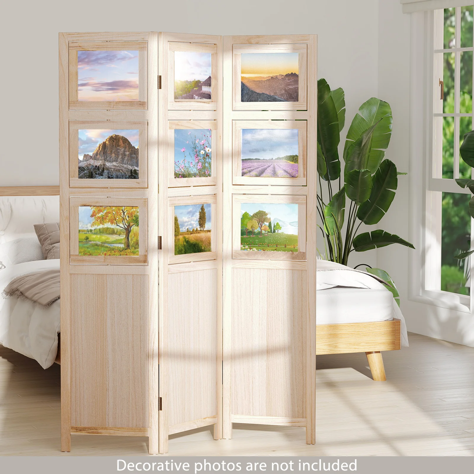 3 Panel Folding Privacy Screen with 9 Swivel Paulownia Wood Photo Frames, Natural - Image 3