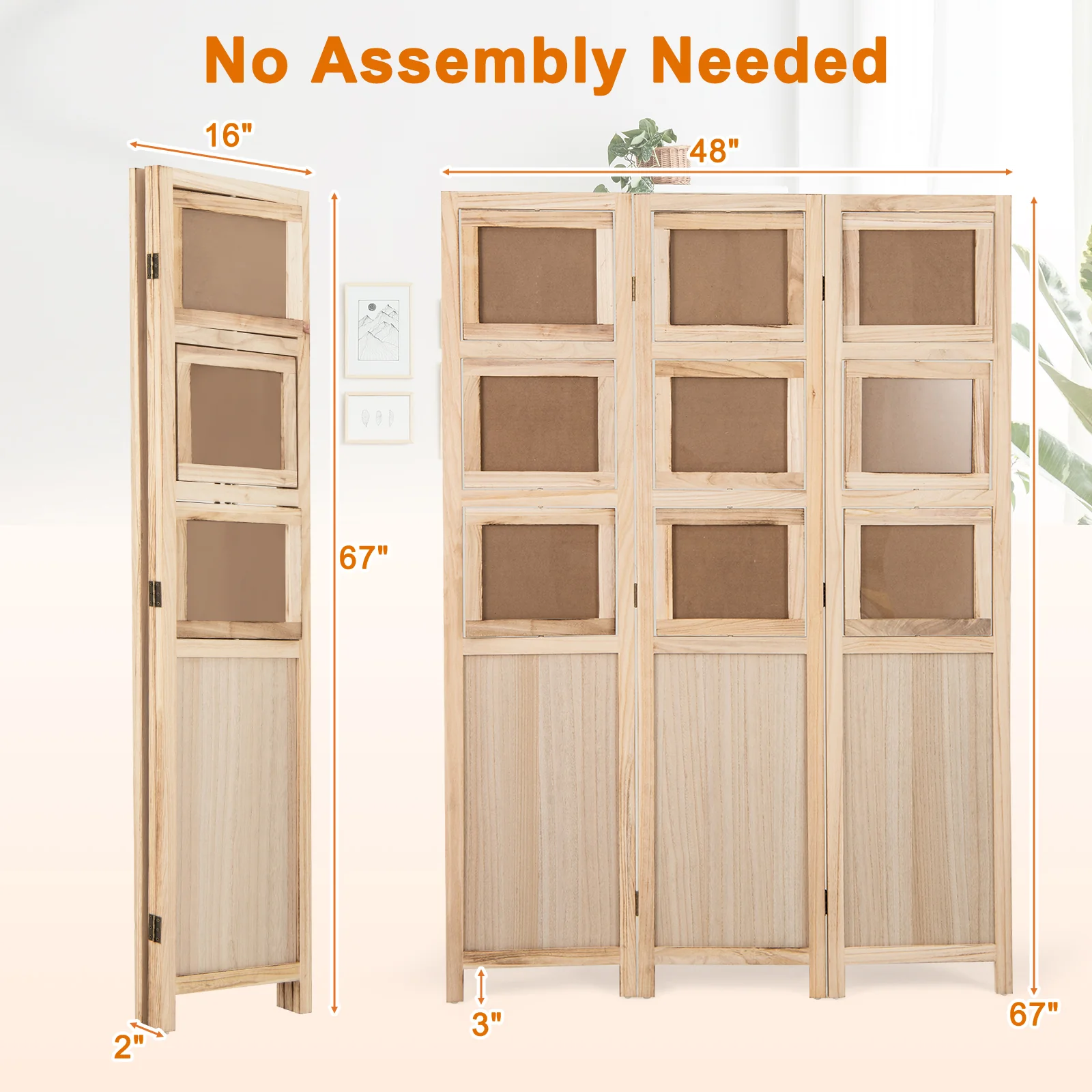 3 Panel Folding Privacy Screen with 9 Swivel Paulownia Wood Photo Frames, Natural - Image 6