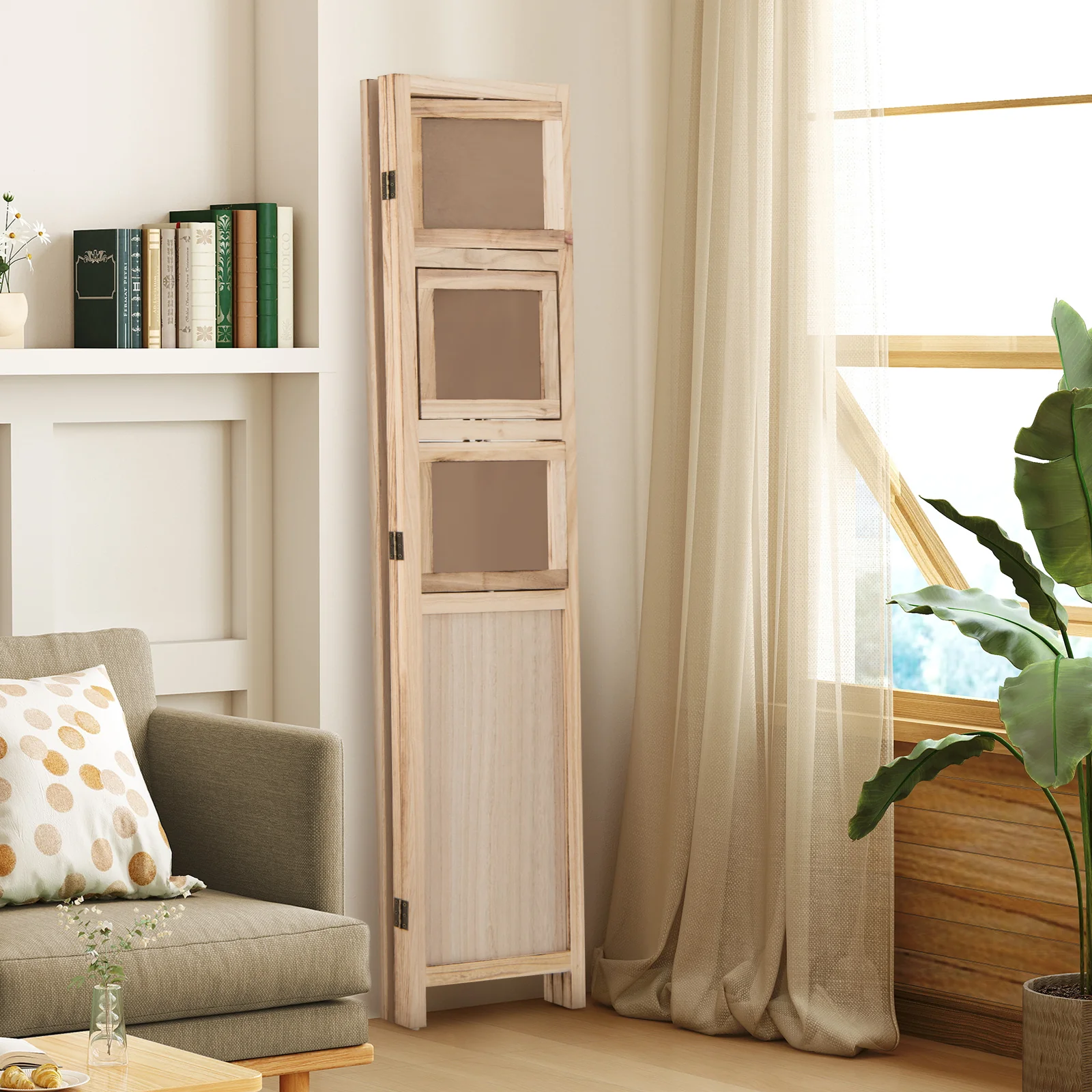 3 Panel Folding Privacy Screen with 9 Swivel Paulownia Wood Photo Frames, Natural - Image 8