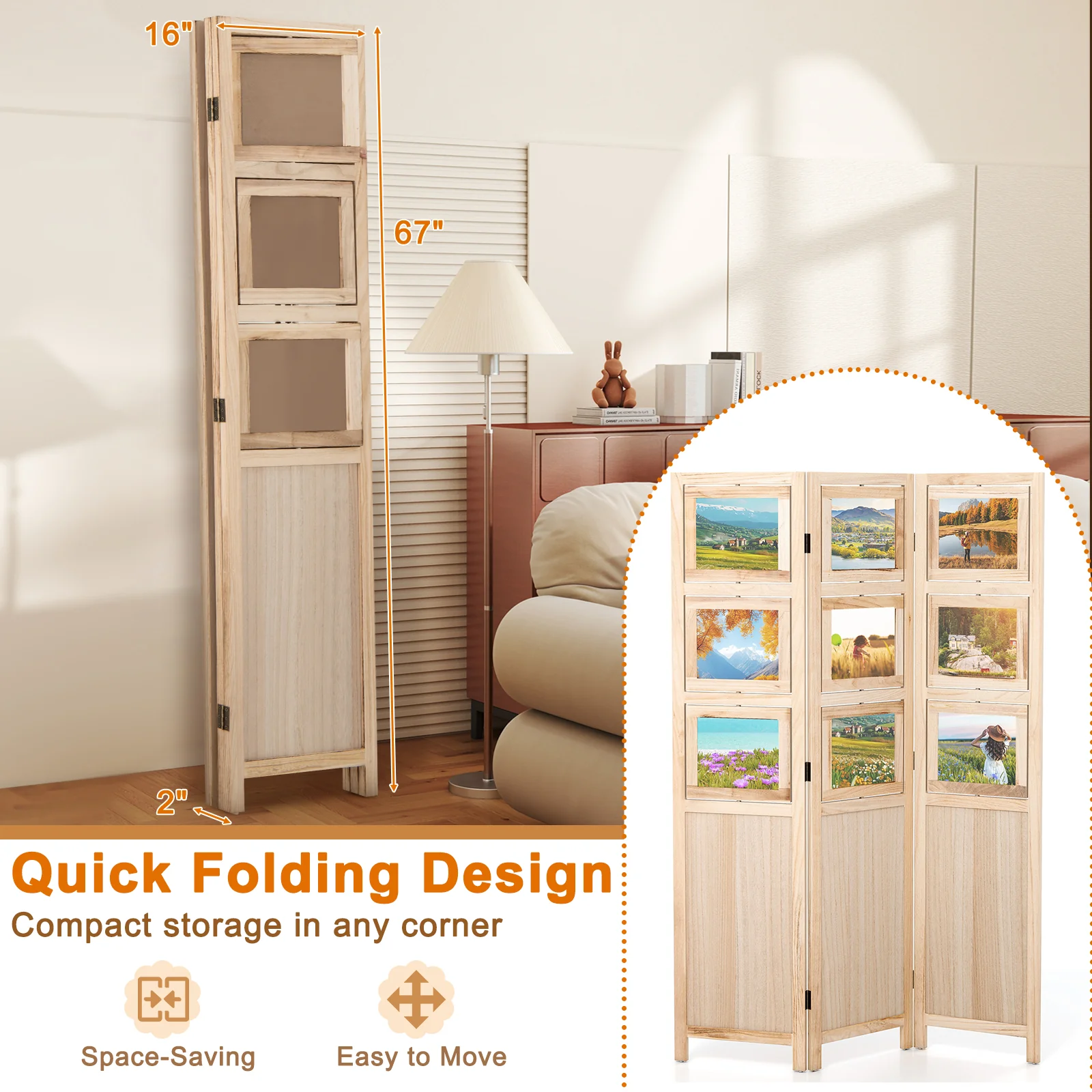 3 Panel Folding Privacy Screen with 9 Swivel Paulownia Wood Photo Frames, Natural - Image 9