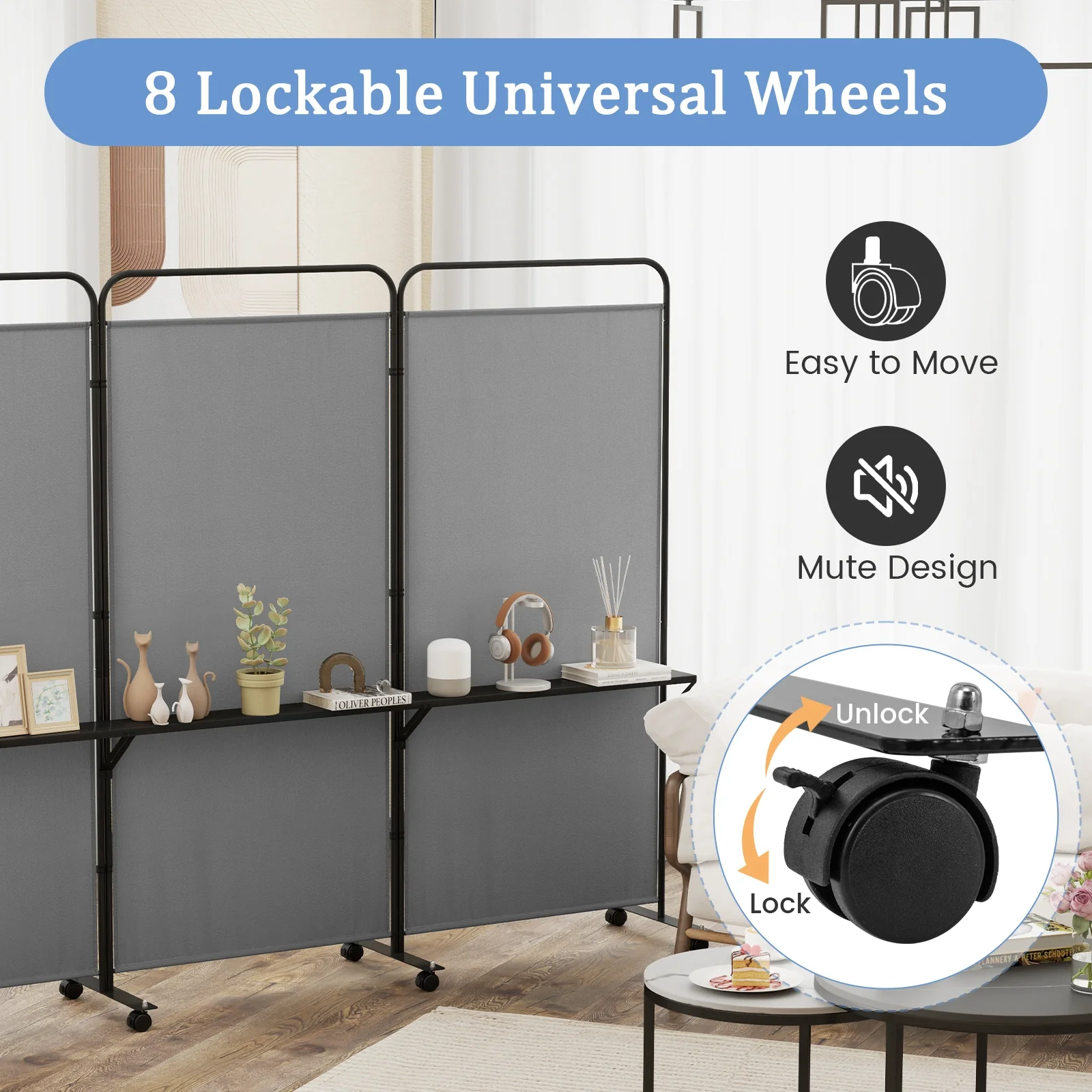 3-Panel Folding Room Divider, 3 Metal Shelves, Lockable Wheels, Gray - Image 10