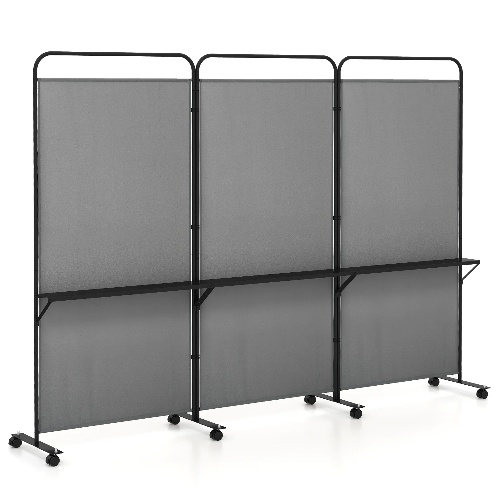 3-Panel Folding Room Divider, 3 Metal Shelves, Lockable Wheels, Gray - Image 5