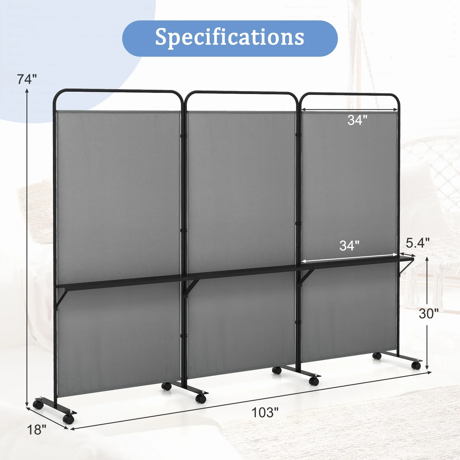 3-Panel Folding Room Divider, 3 Metal Shelves, Lockable Wheels, Gray - Image 6