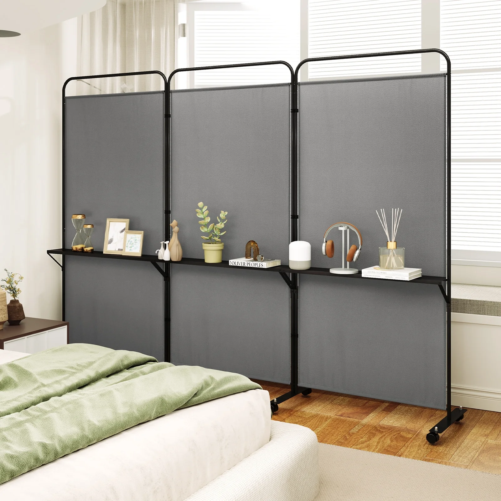 3-Panel Folding Room Divider, 3 Metal Shelves, Lockable Wheels, Gray - Image 7