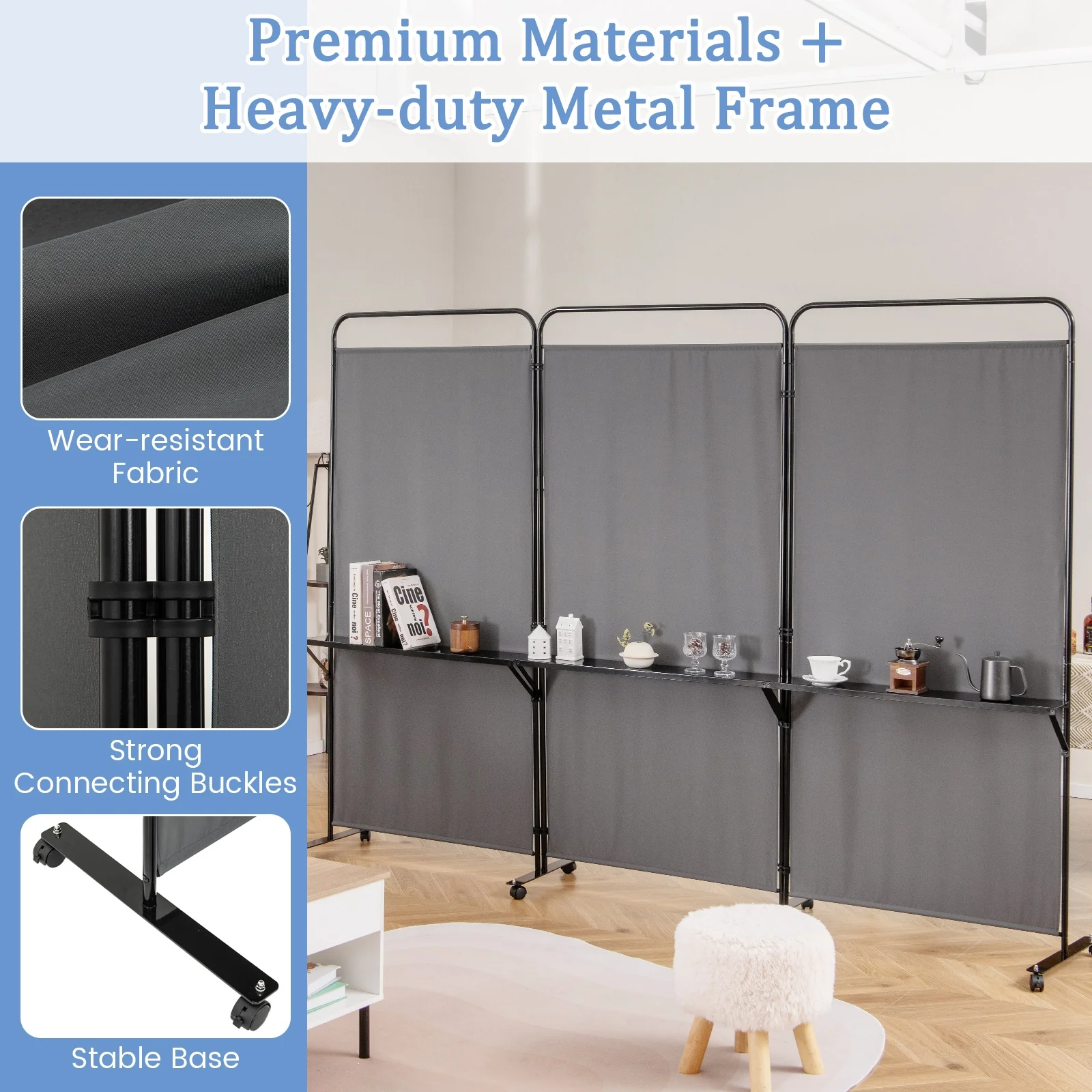3-Panel Folding Room Divider, 3 Metal Shelves, Lockable Wheels, Gray - Image 8