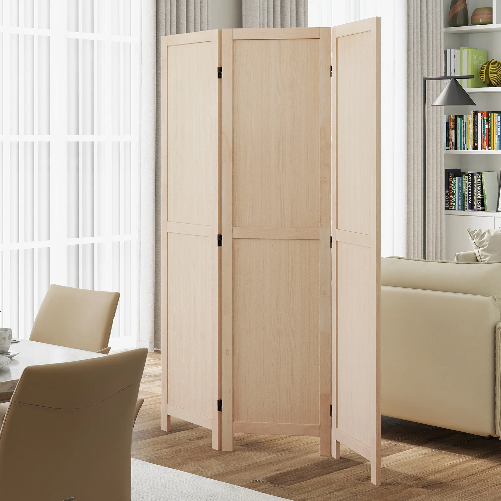 3 Panel Folding Room Divider for Home Office Bedroom Restaurant, Beige - Image 10