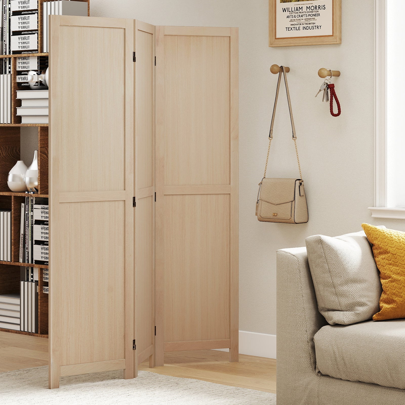 3 Panel Folding Room Divider for Home Office Bedroom Restaurant, Beige - Image 2
