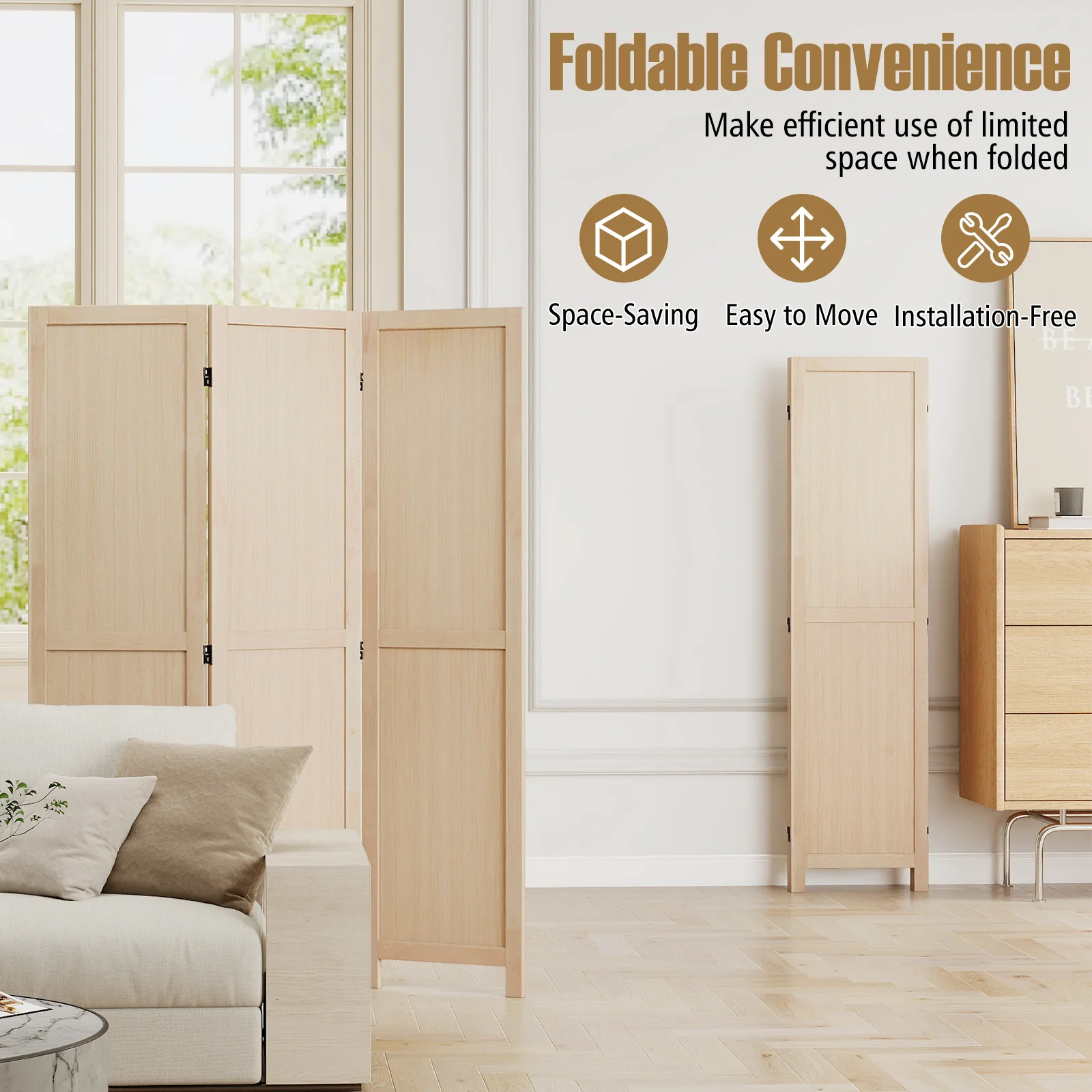 3 Panel Folding Room Divider for Home Office Bedroom Restaurant, Beige - Image 6