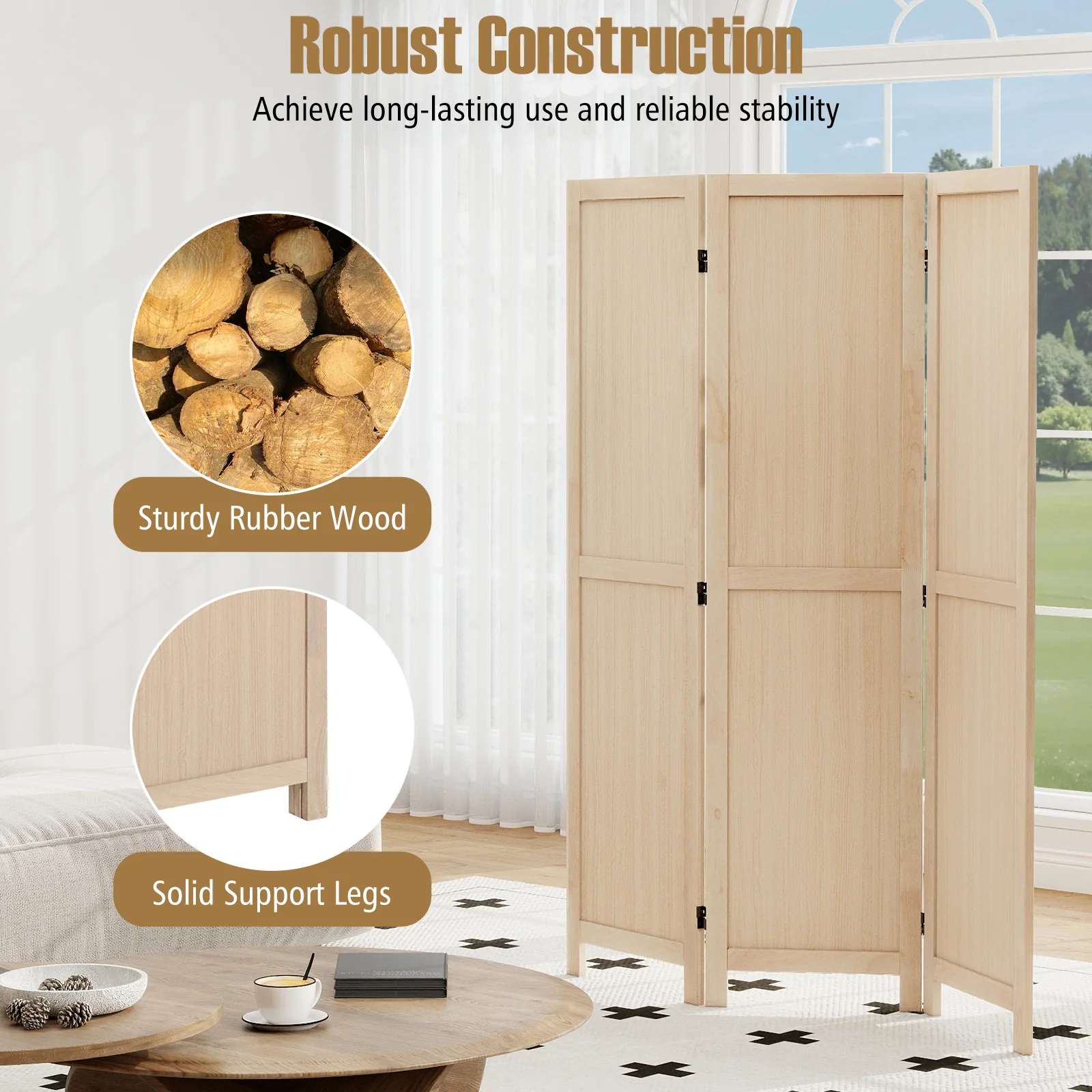 3 Panel Folding Room Divider for Home Office Bedroom Restaurant, Beige - Image 7